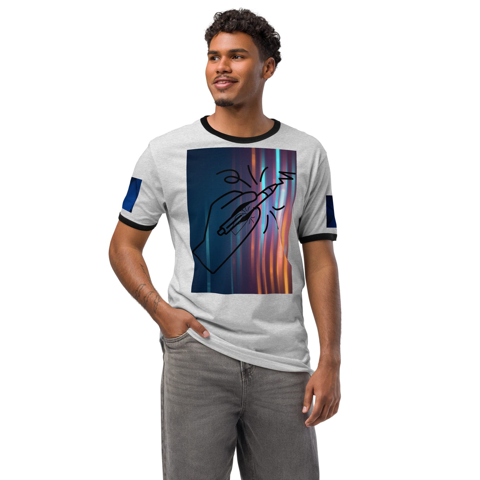 Man wearing graphic t-shirt with abstract design.