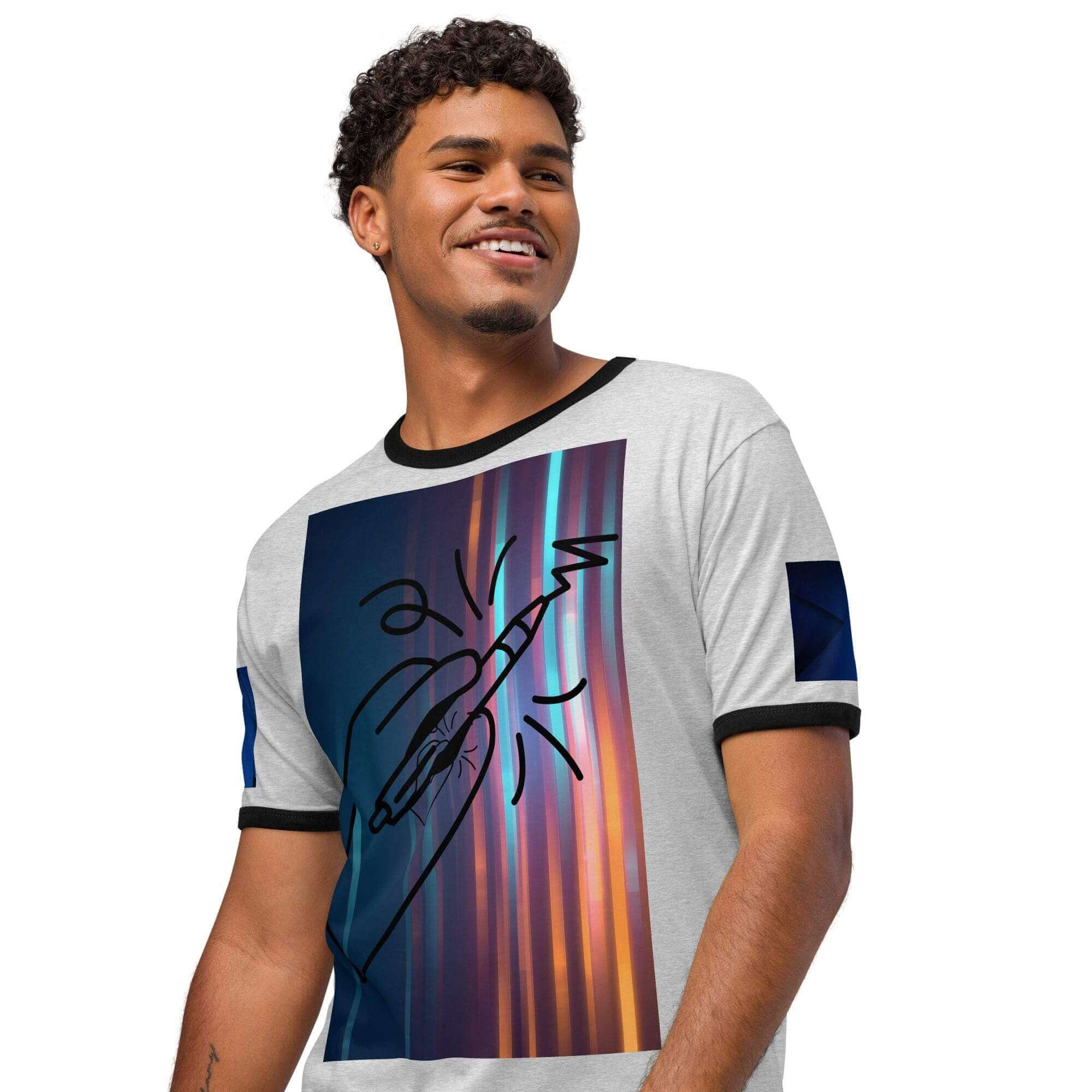 Man wearing graphic t-shirt, smiling confidently.