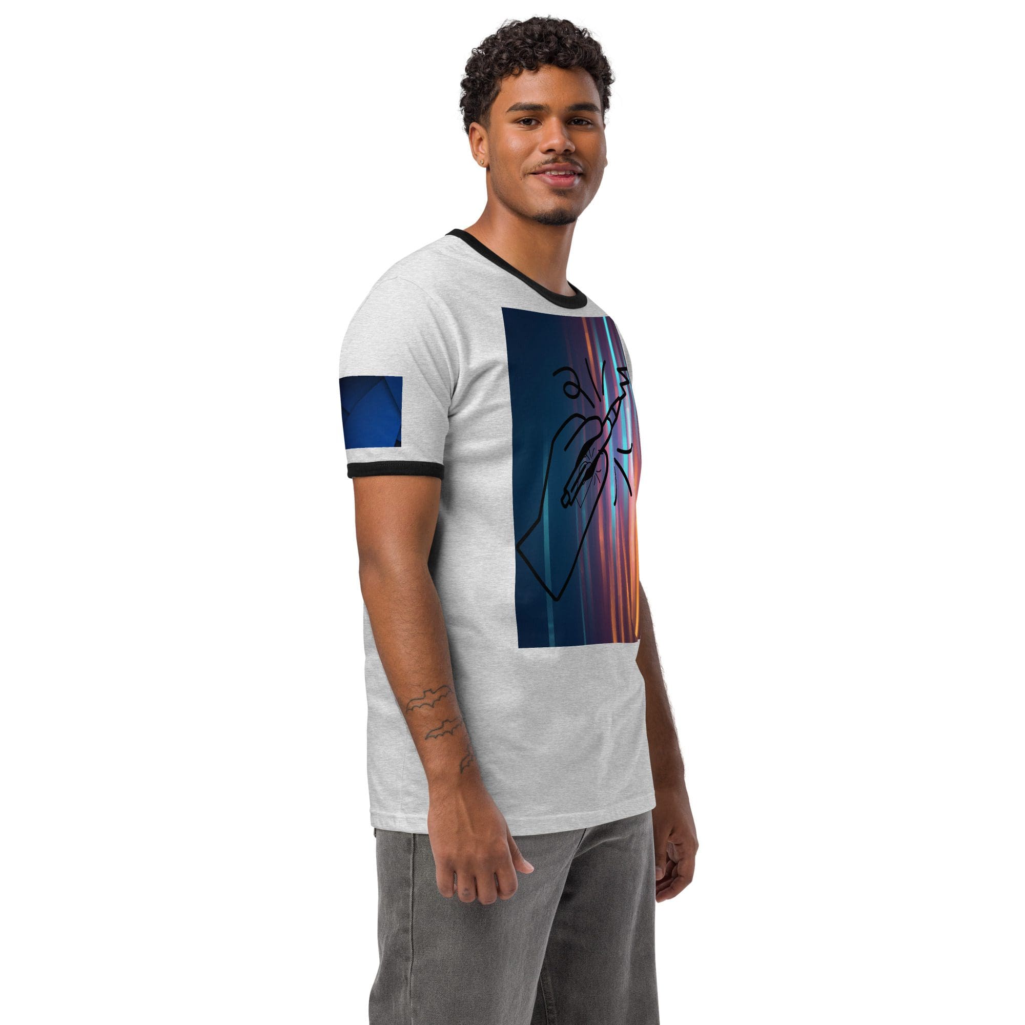 Smiling man modeling abstract print ringer tee