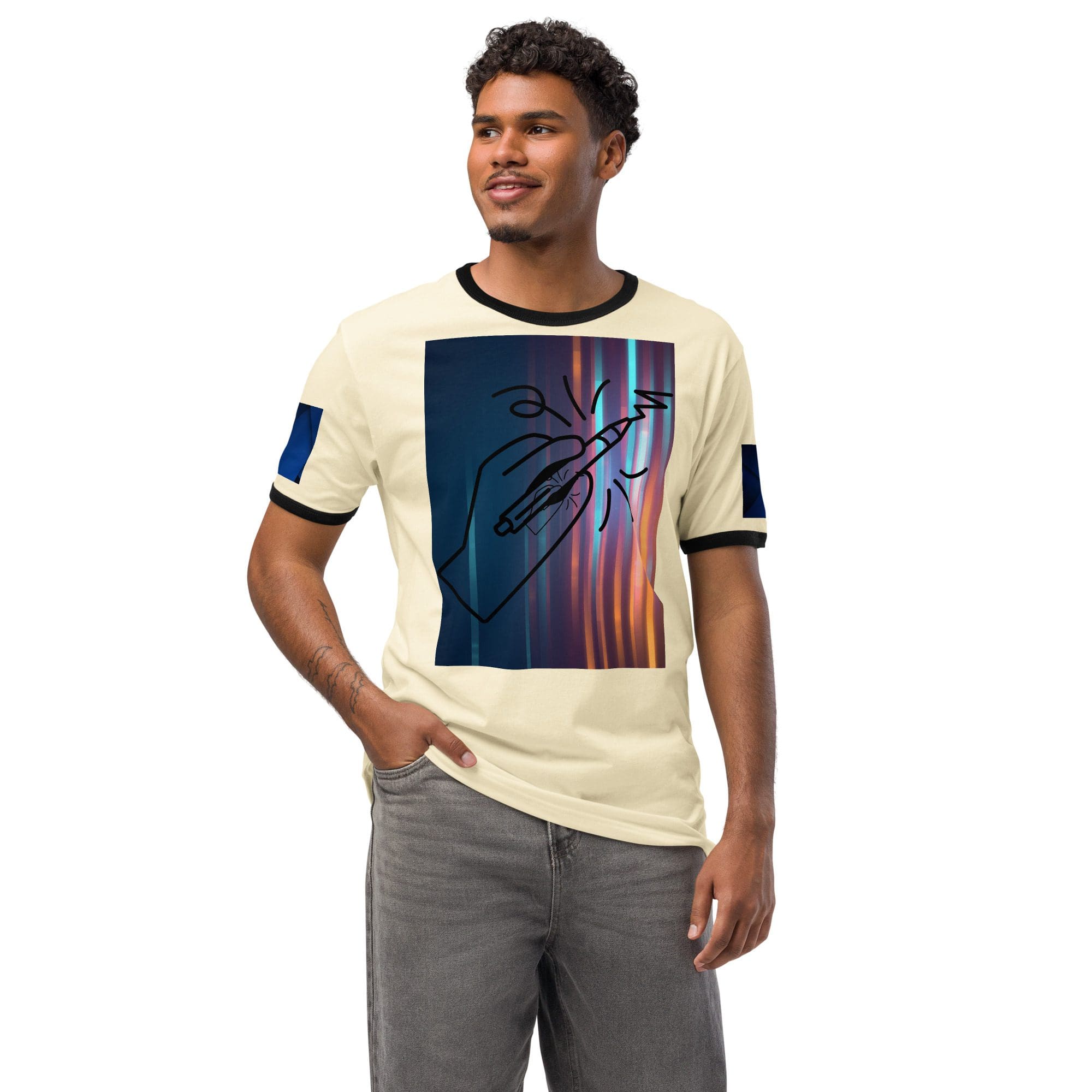 Man wearing cream shirt with abstract design.