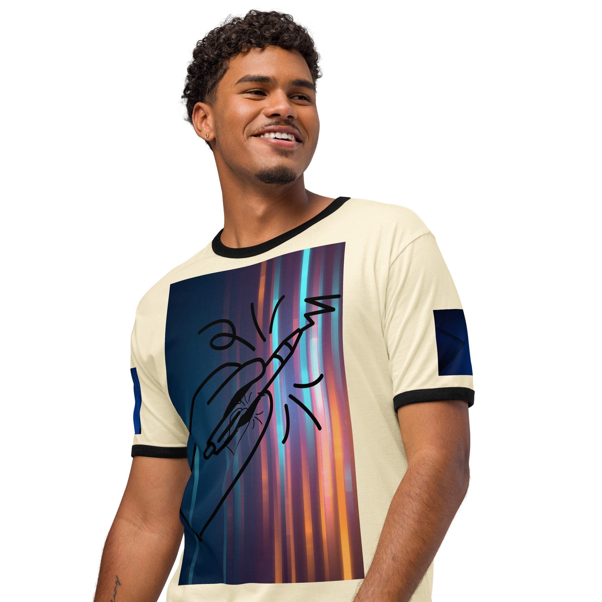 Man wearing abstract graphic t-shirt, smiling.