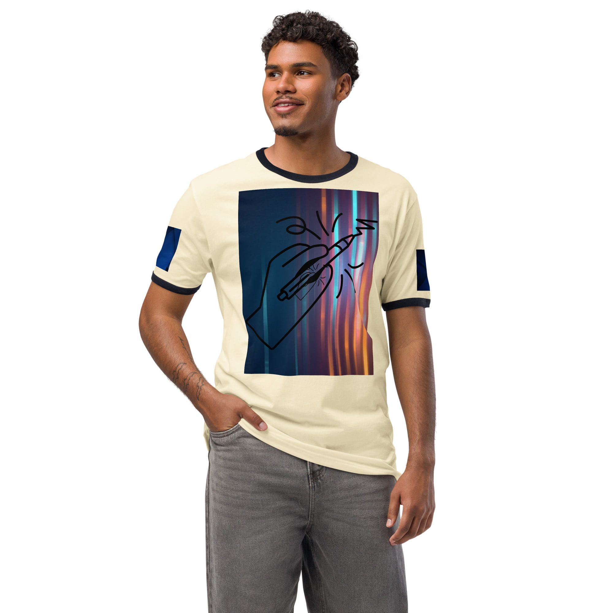 Man wearing shirt with abstract heart design.