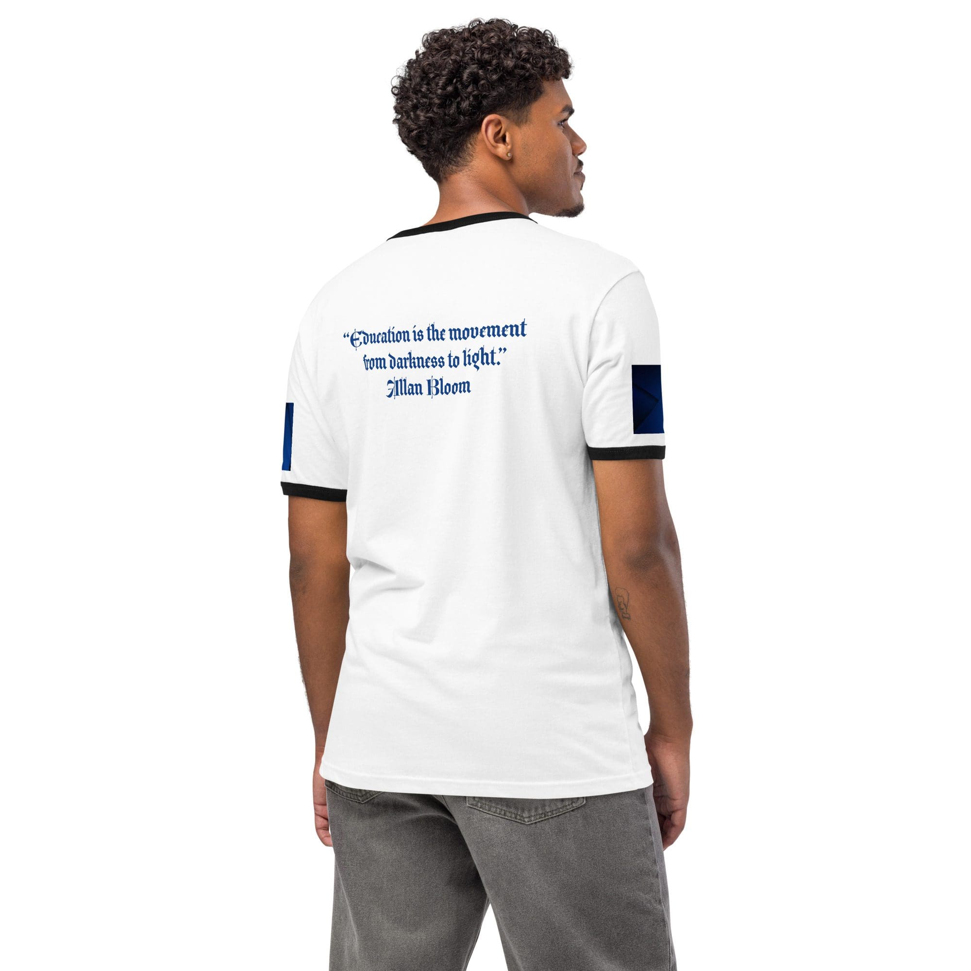 Man wearing a white printed t-shirt.