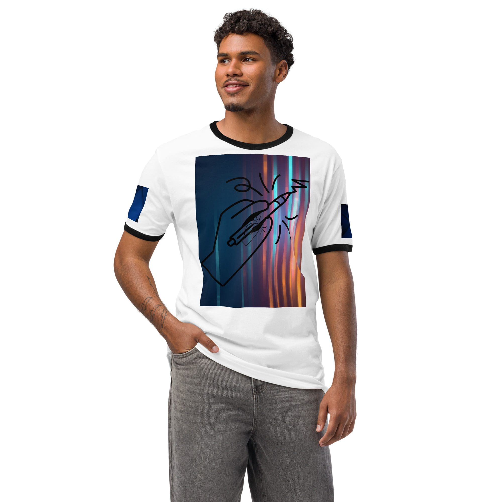 Man wearing artistic graphic t-shirt, smiling.