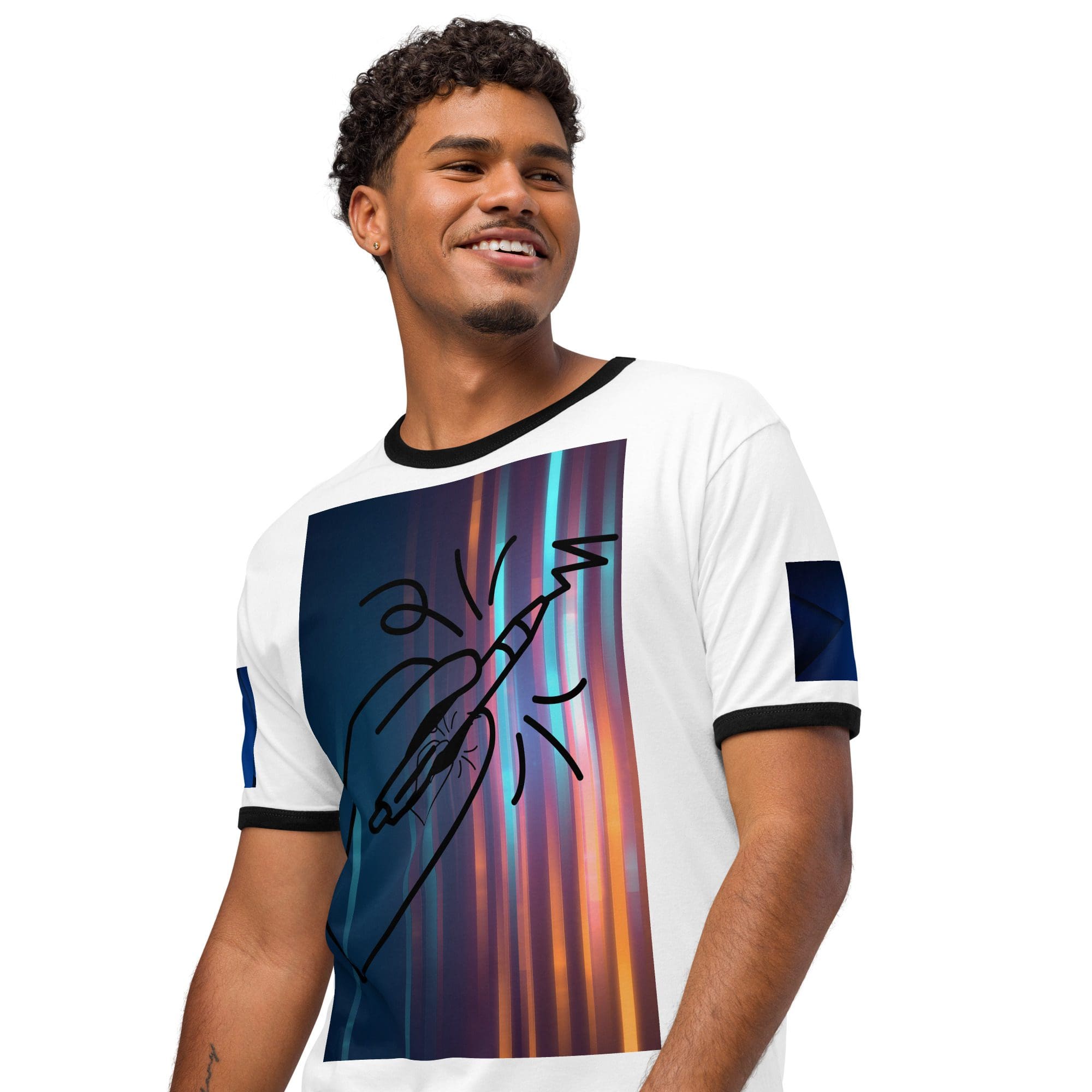 Man wearing colorful guitar graphic t-shirt