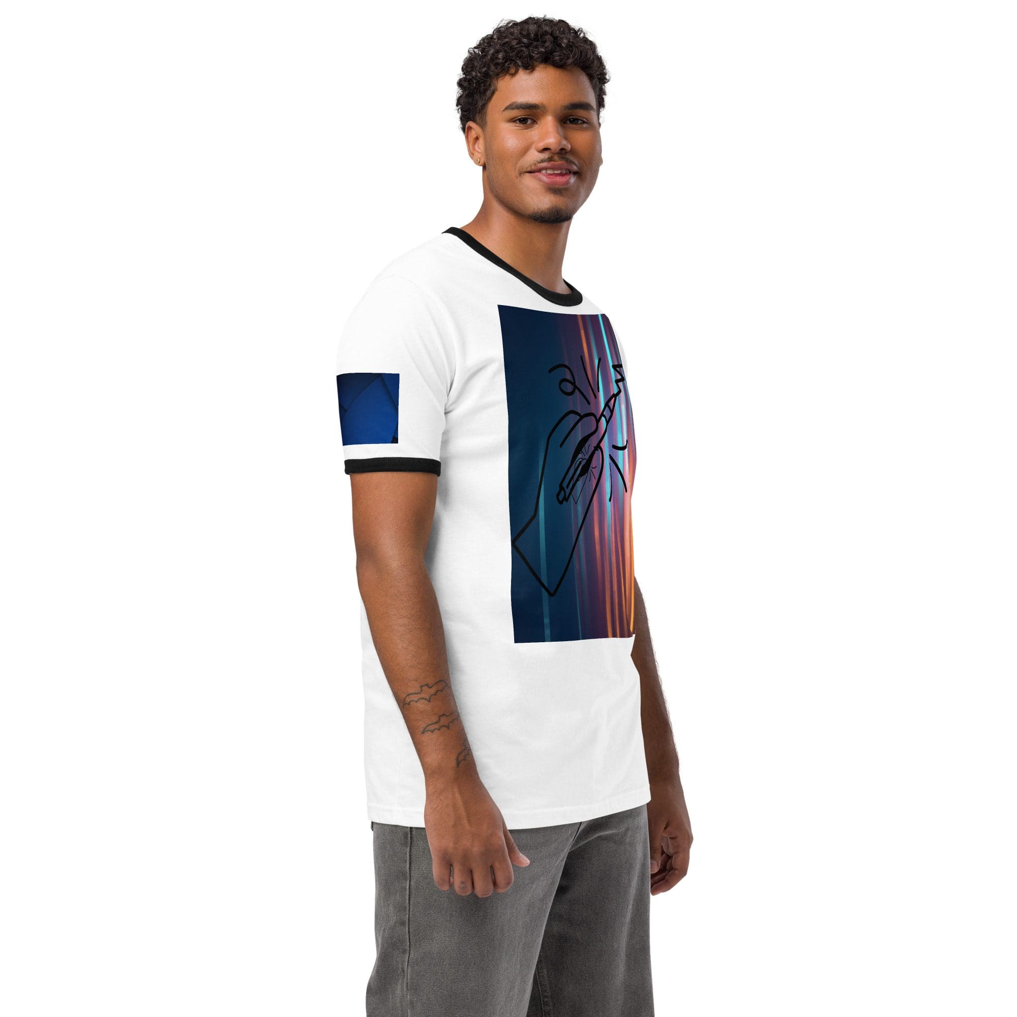 Smiling man in white graphic T-shirt