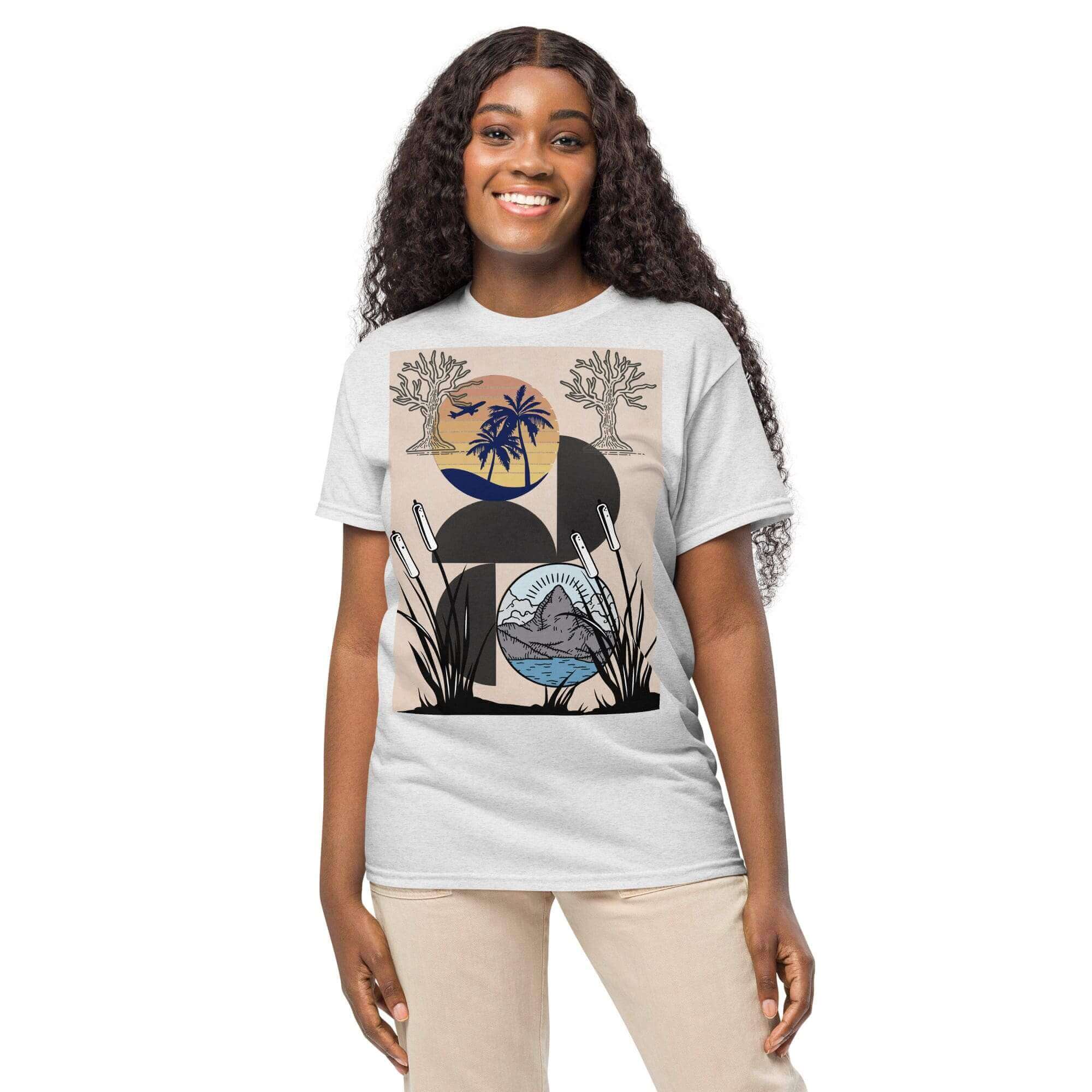 Woman wearing nature-themed graphic t-shirt.
