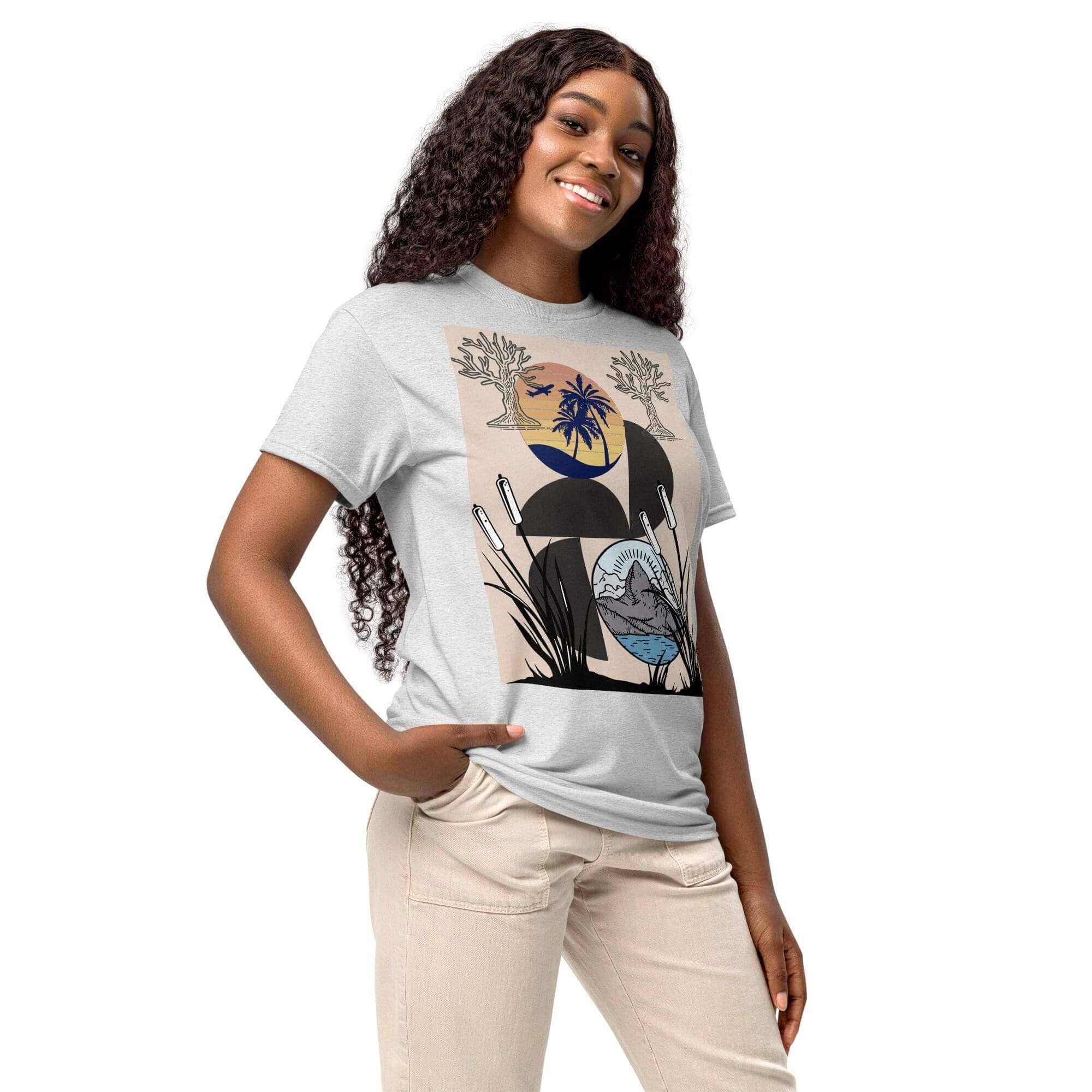 Woman wearing graphic t-shirt, smiling confidently.