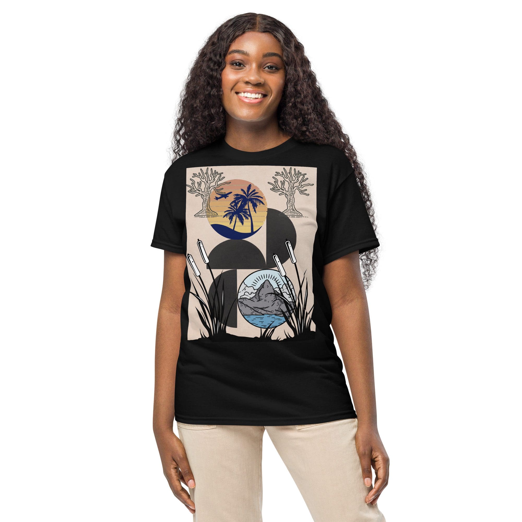 Smiling person wearing a graphic t-shirt.