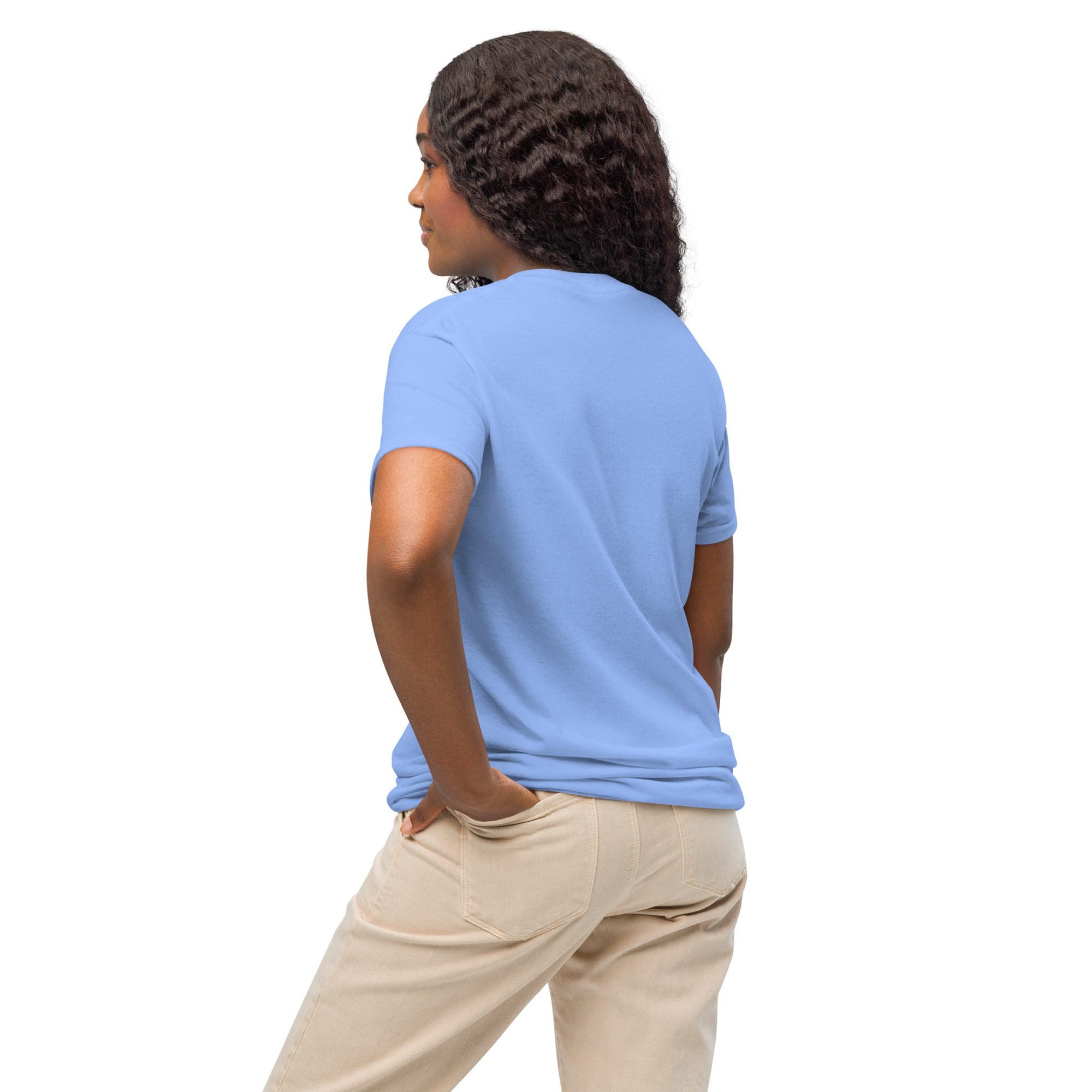 Woman in blue shirt, facing away.