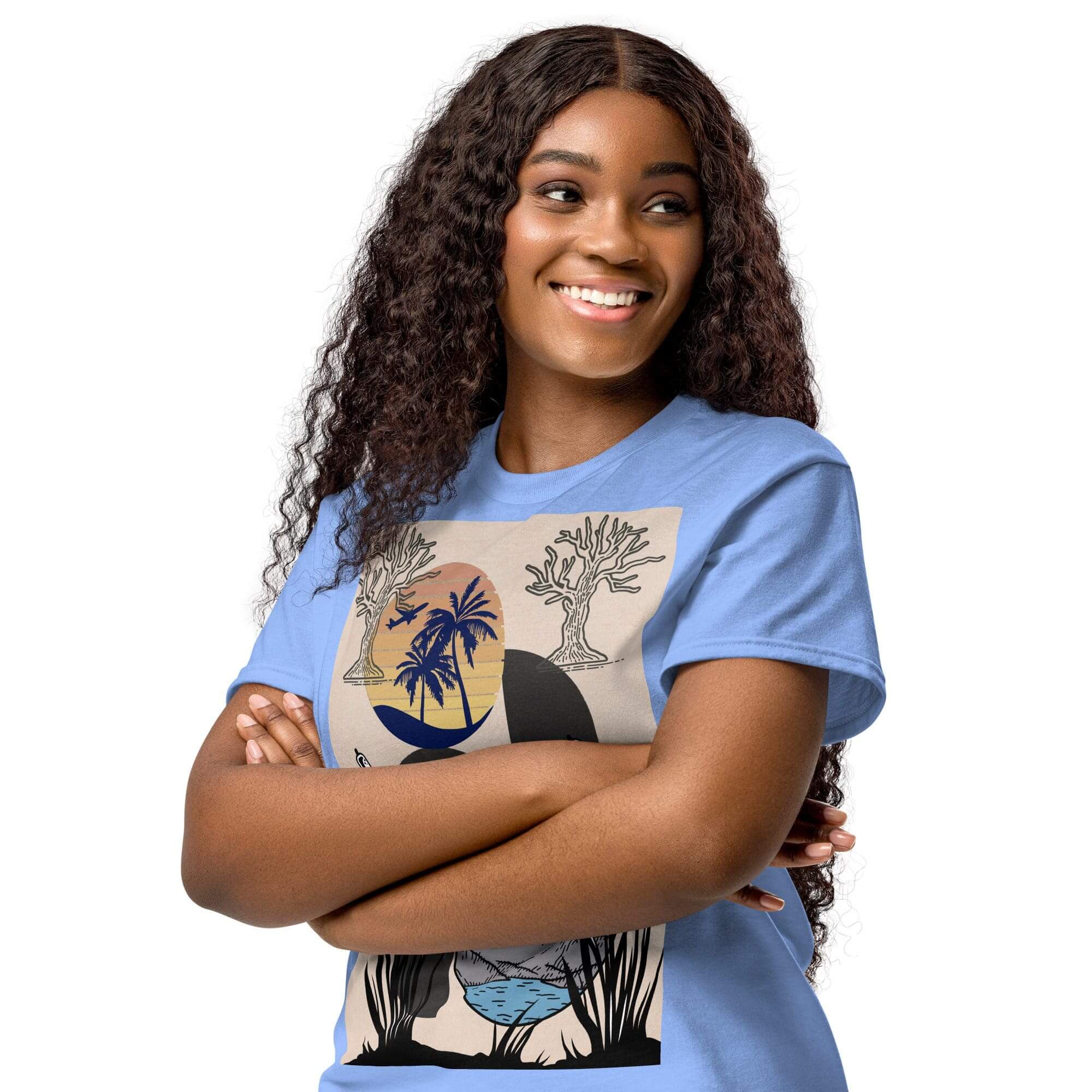 Smiling woman wearing a blue graphic t-shirt.