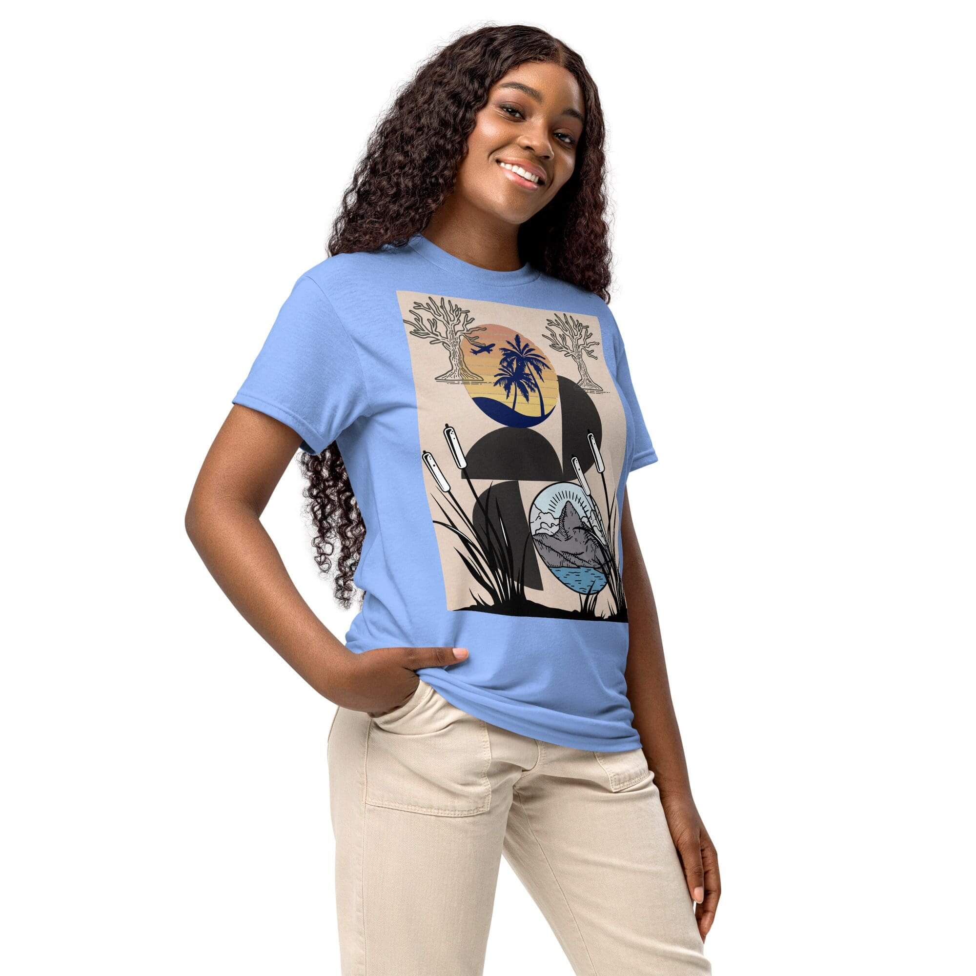 Smiling woman modeling blue graphic t-shirt