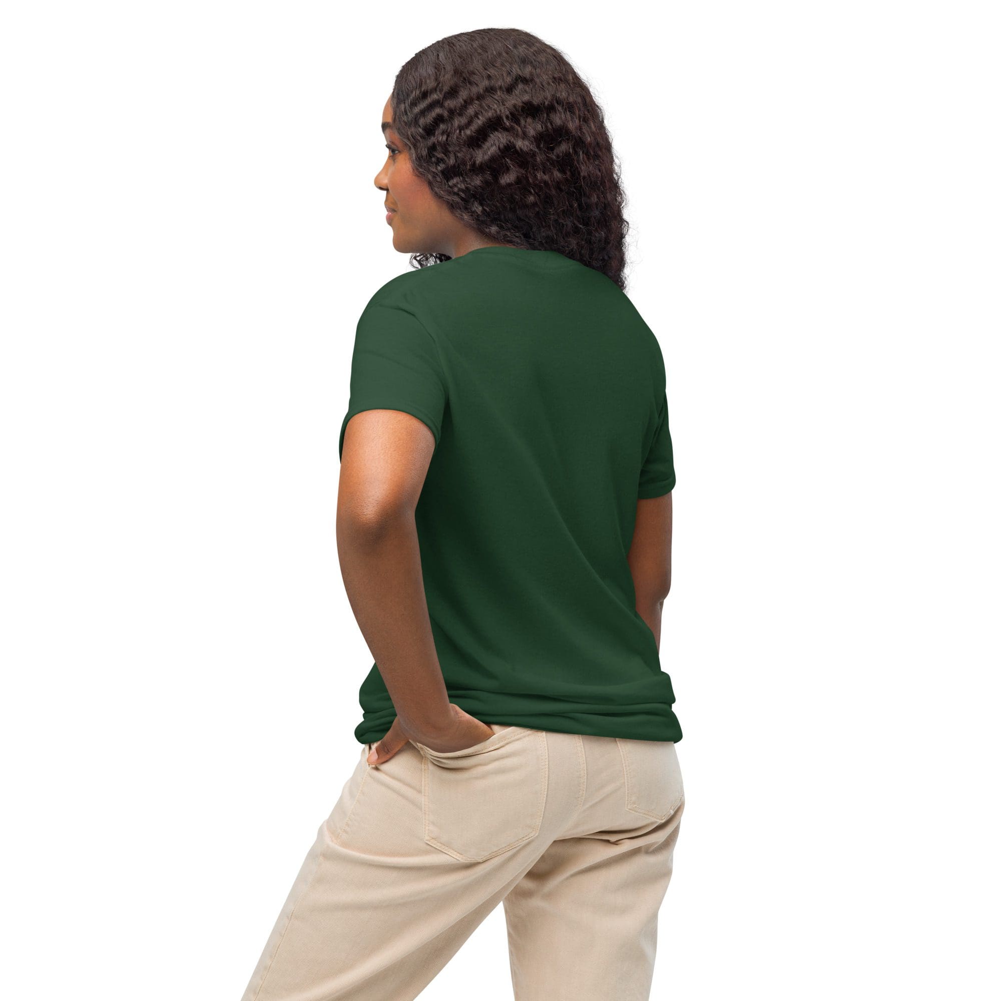 Woman in green shirt and beige pants.