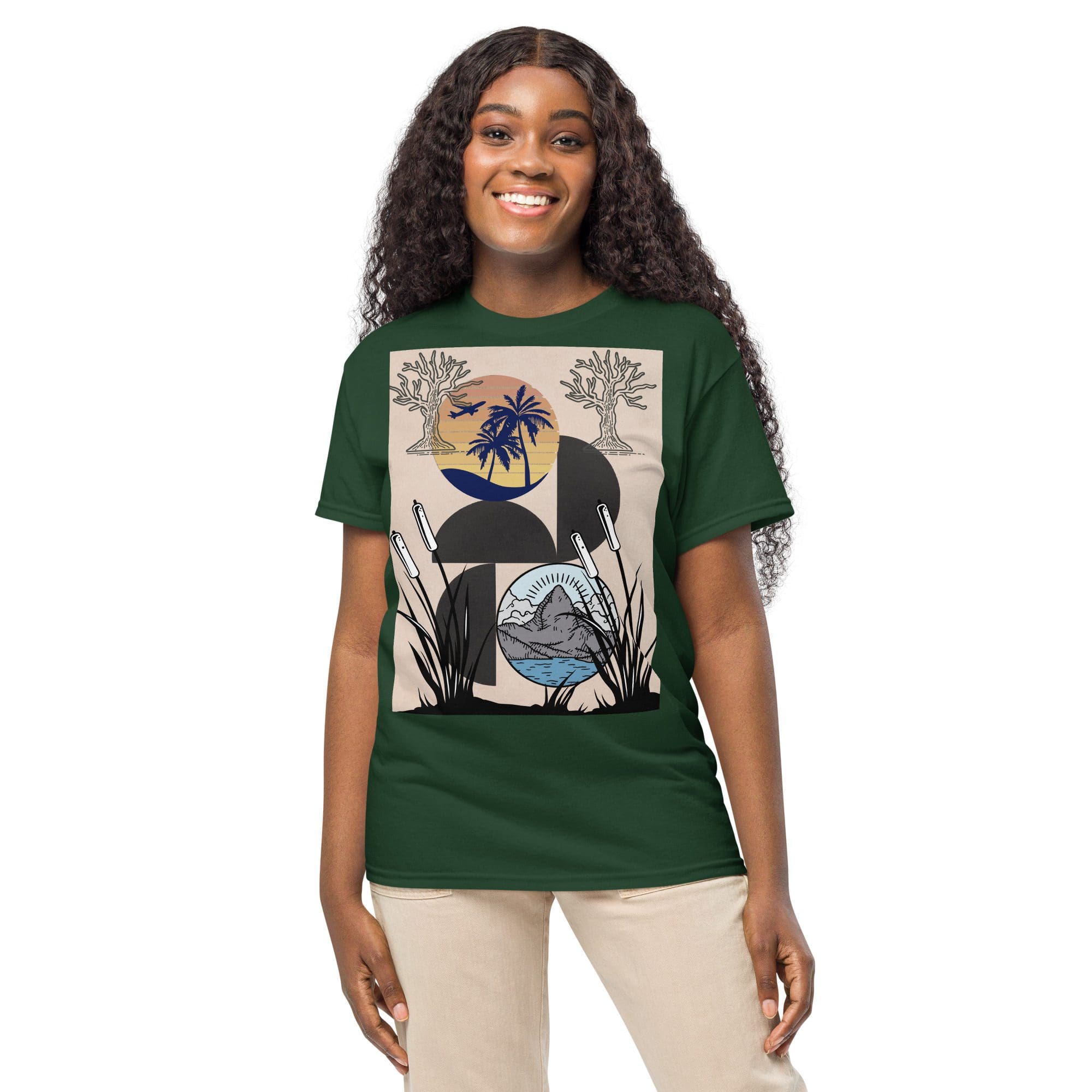 Smiling model in green graphic tee