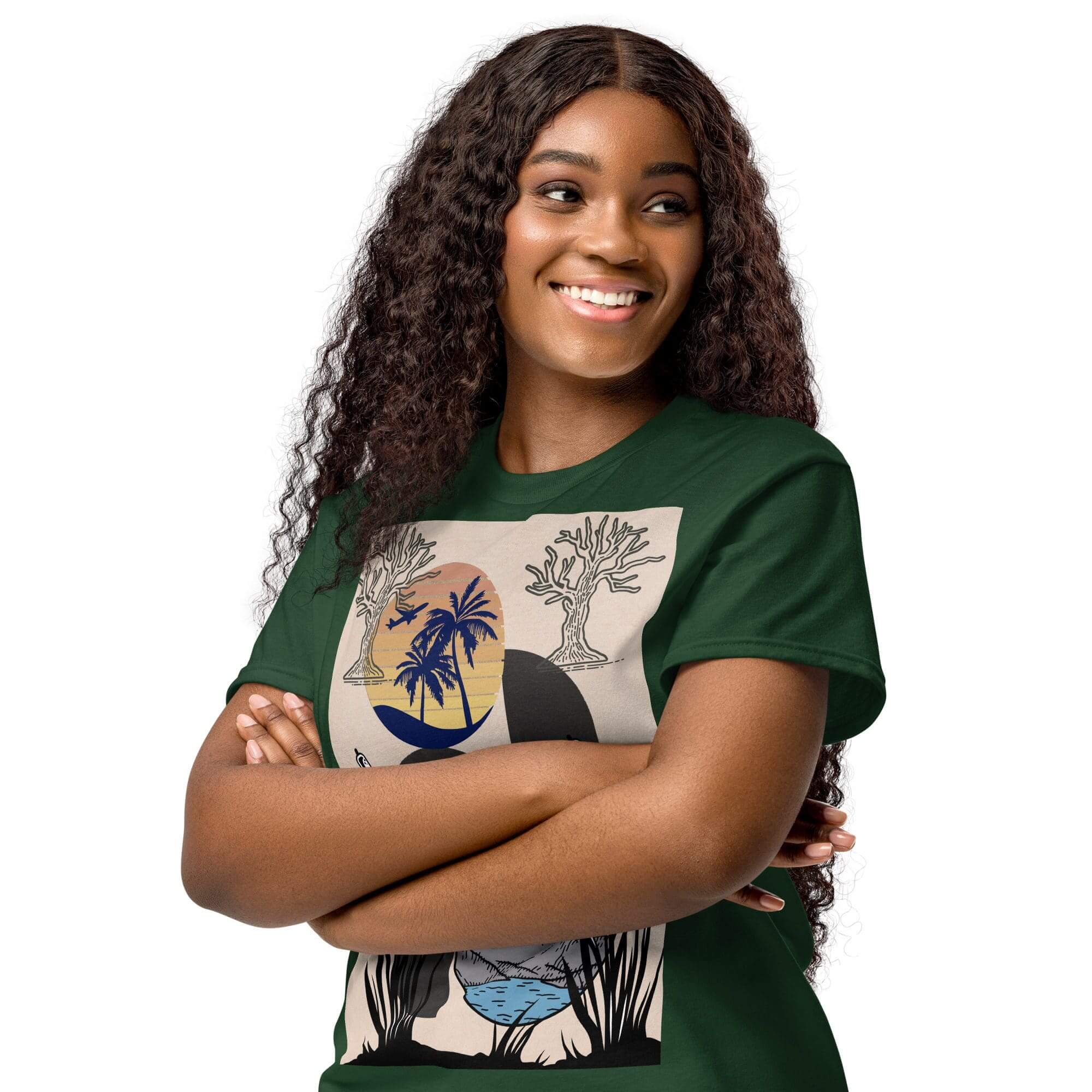 Smiling woman wearing a green graphic tee.