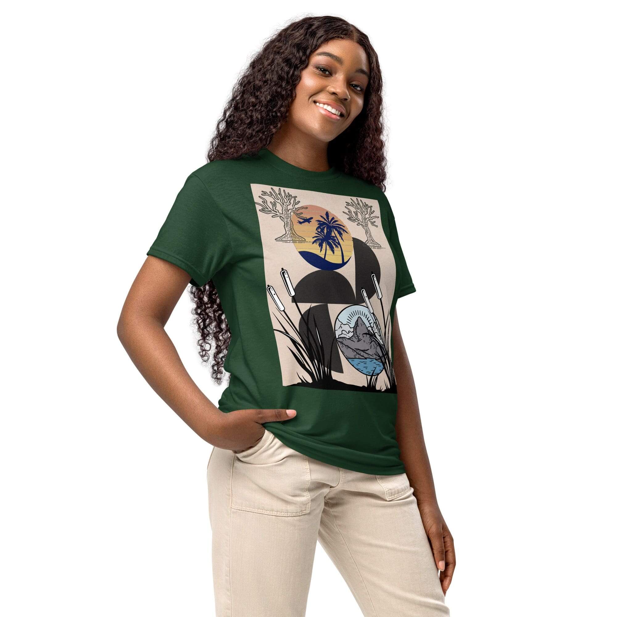 Smiling woman in graphic t-shirt posing.