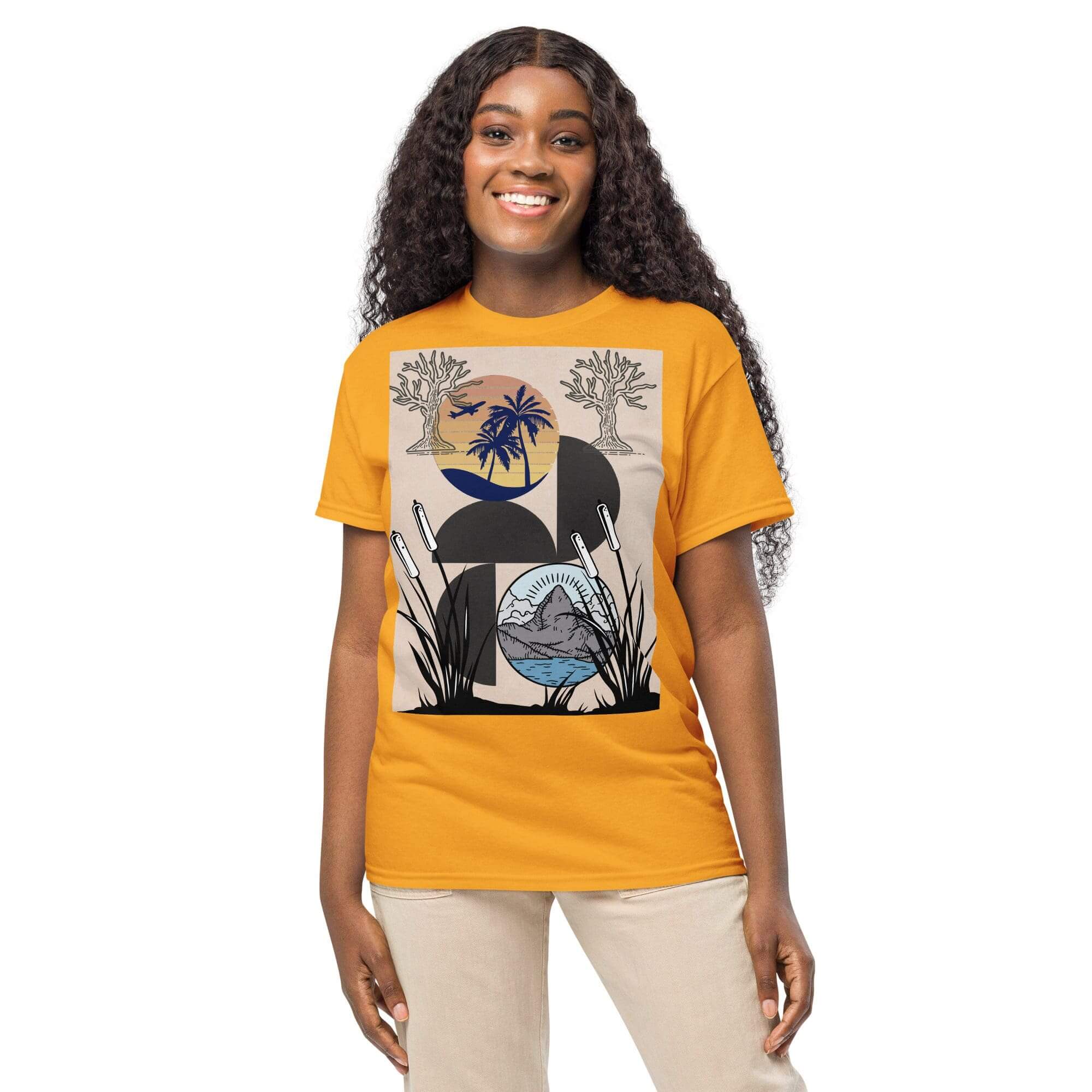 Smiling woman wearing orange t-shirt with nature print