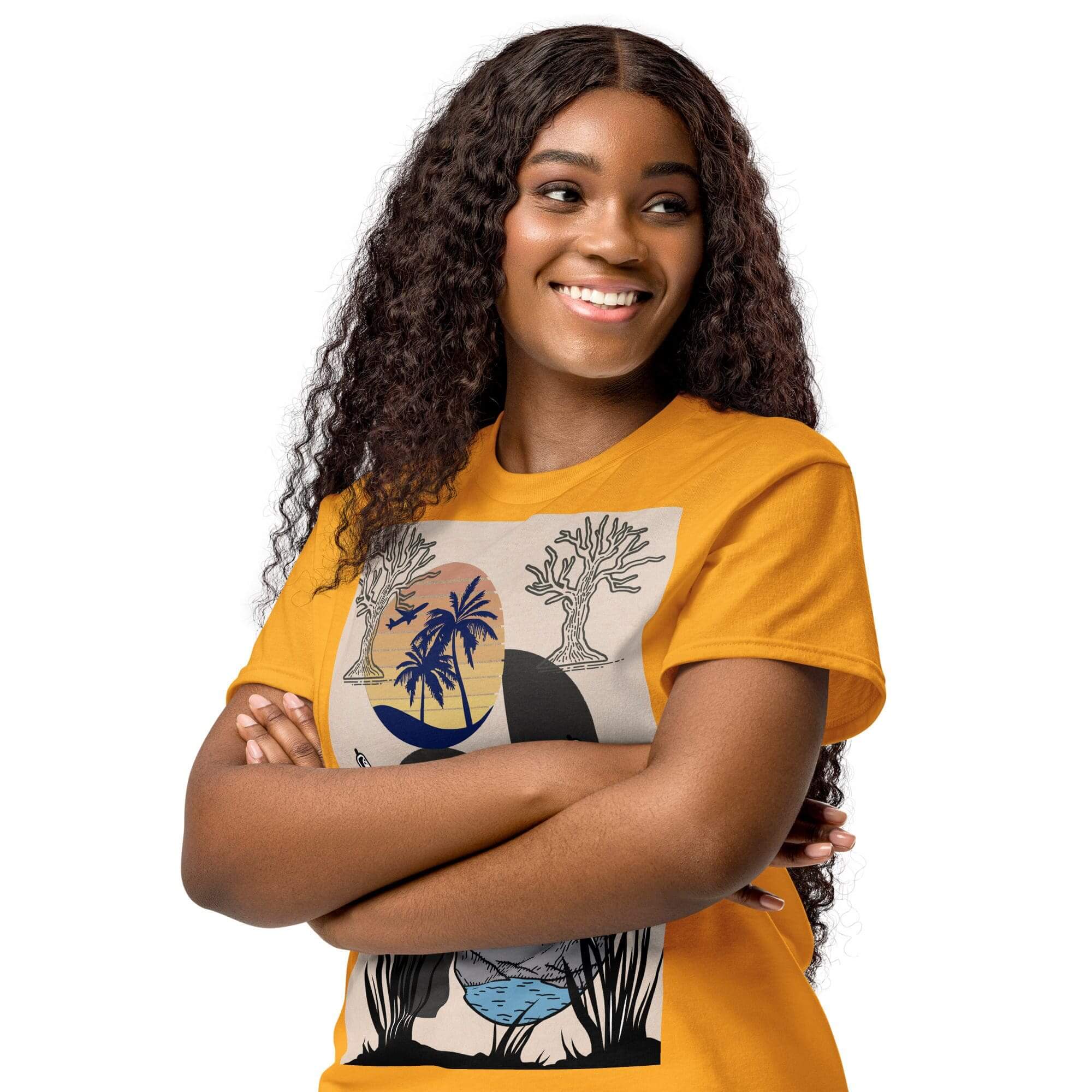 Smiling young woman in yellow graphic tee