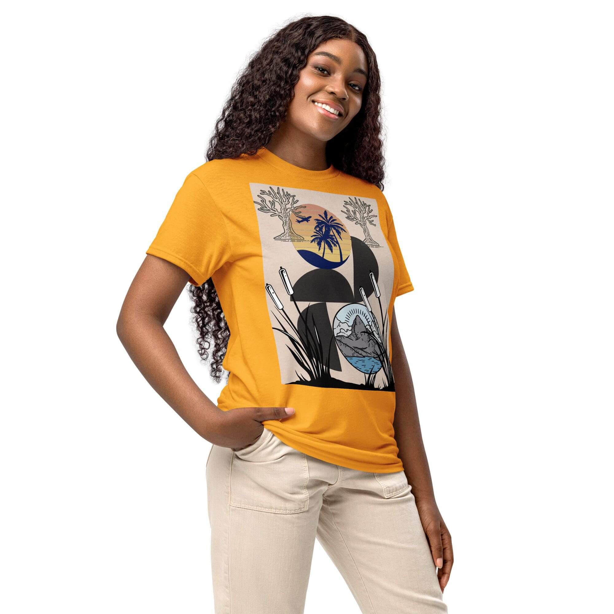Woman in orange shirt with graphic design.