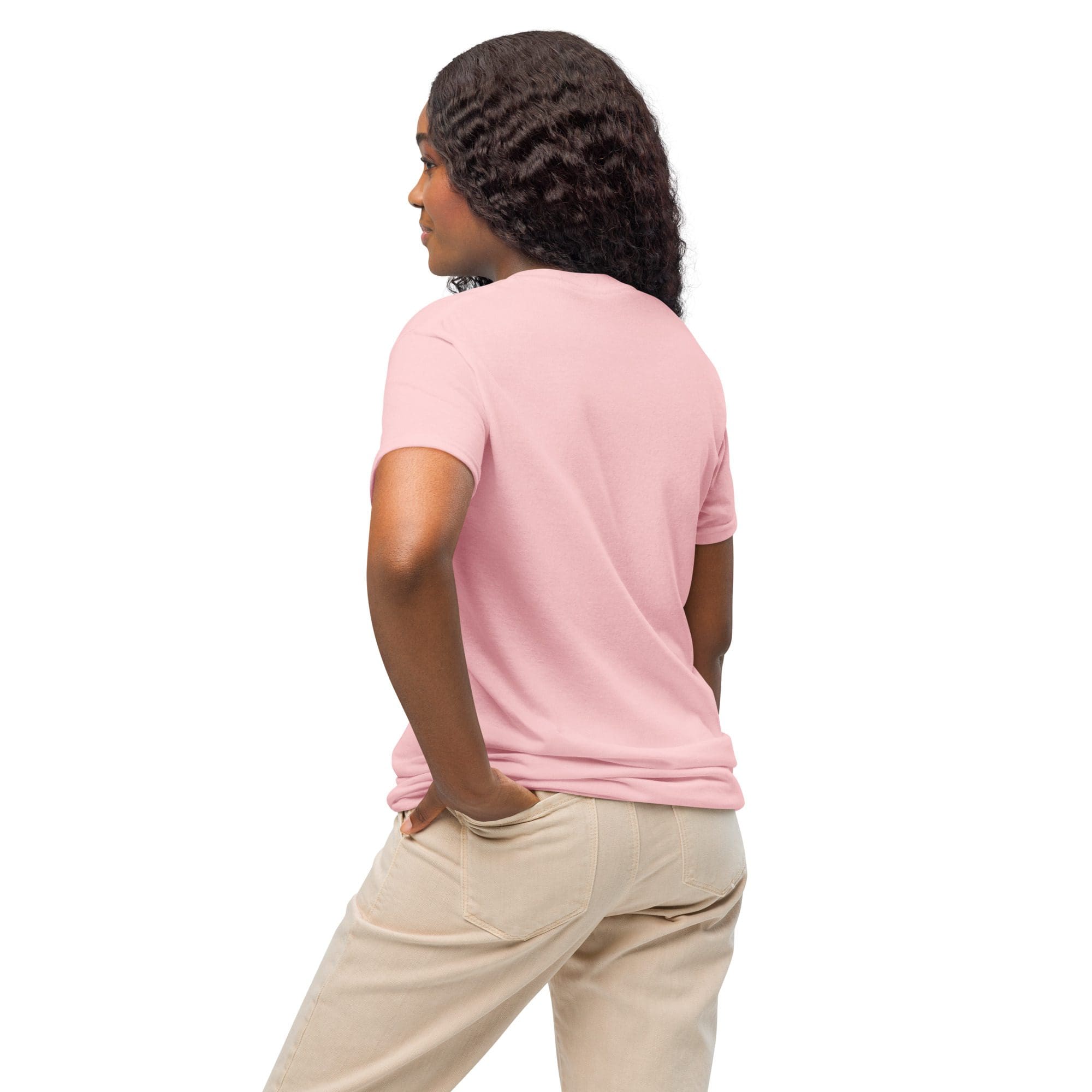 Person in pink shirt and beige pants.