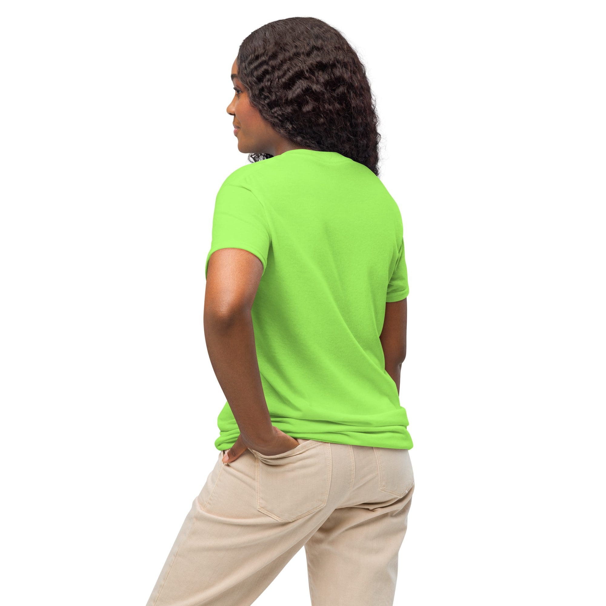 Woman in green shirt facing sideways.