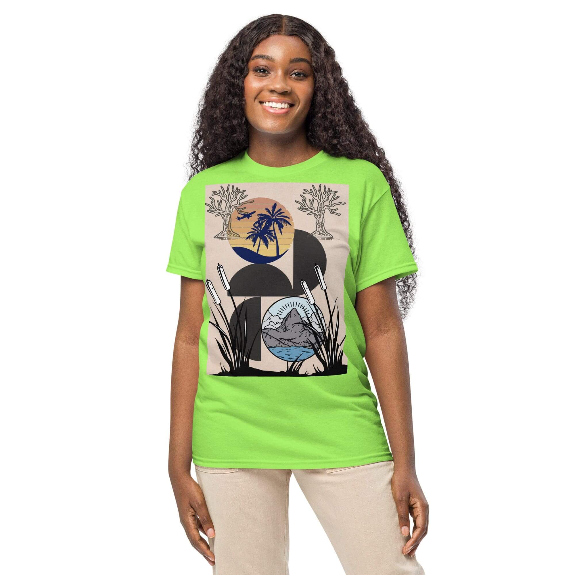 Woman in green shirt with nature design.