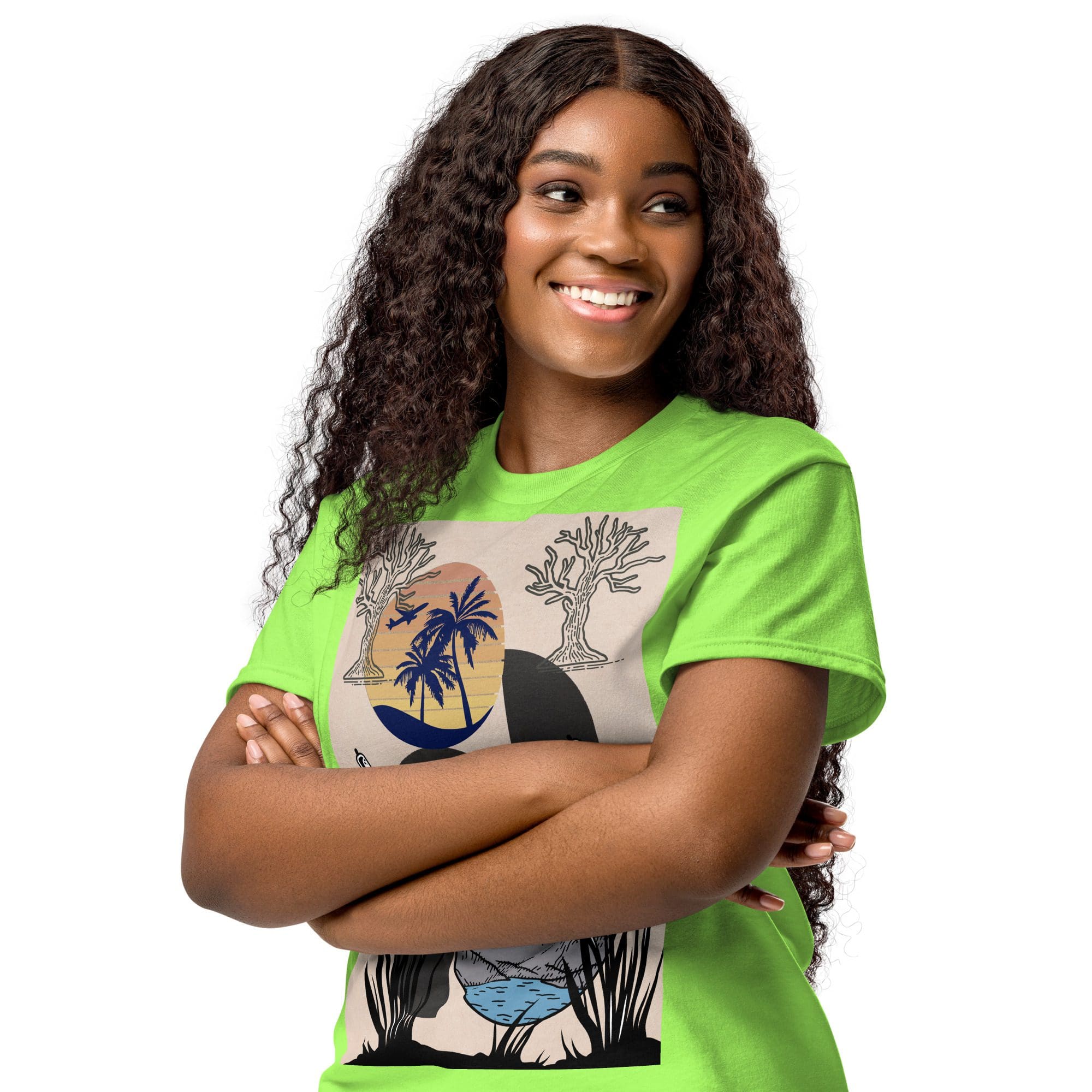 Smiling woman in bright green graphic t-shirt