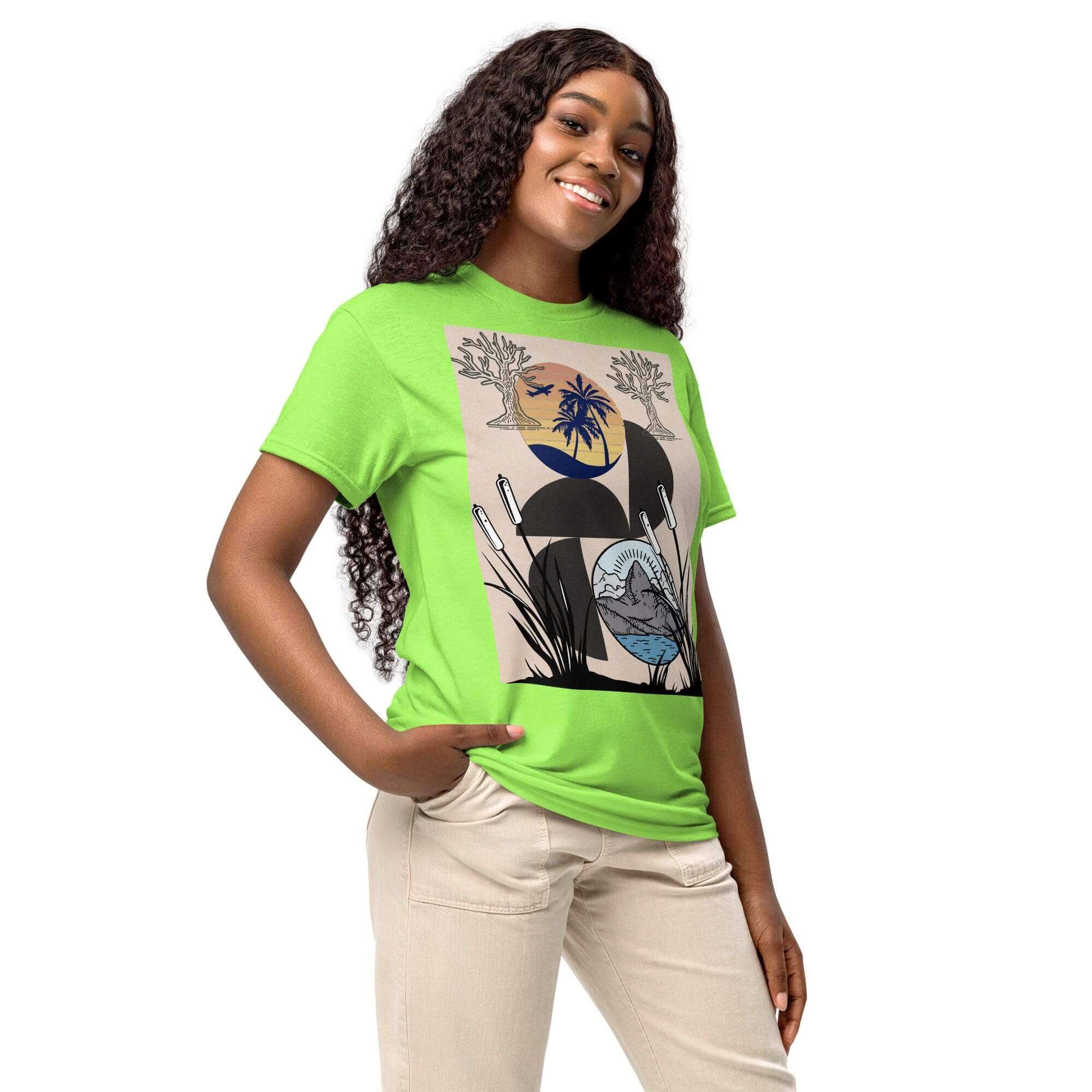 Woman in green graphic t-shirt smiling.
