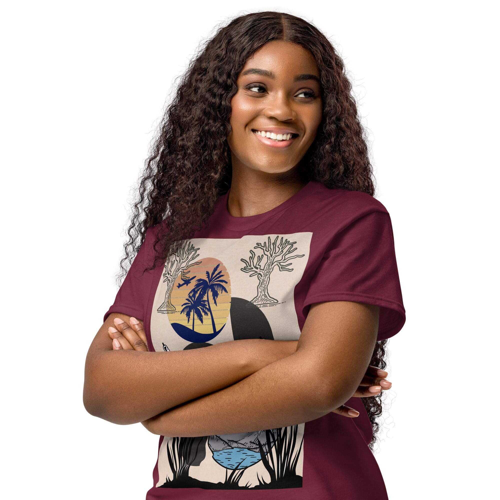 Smiling woman in maroon graphic t-shirt.