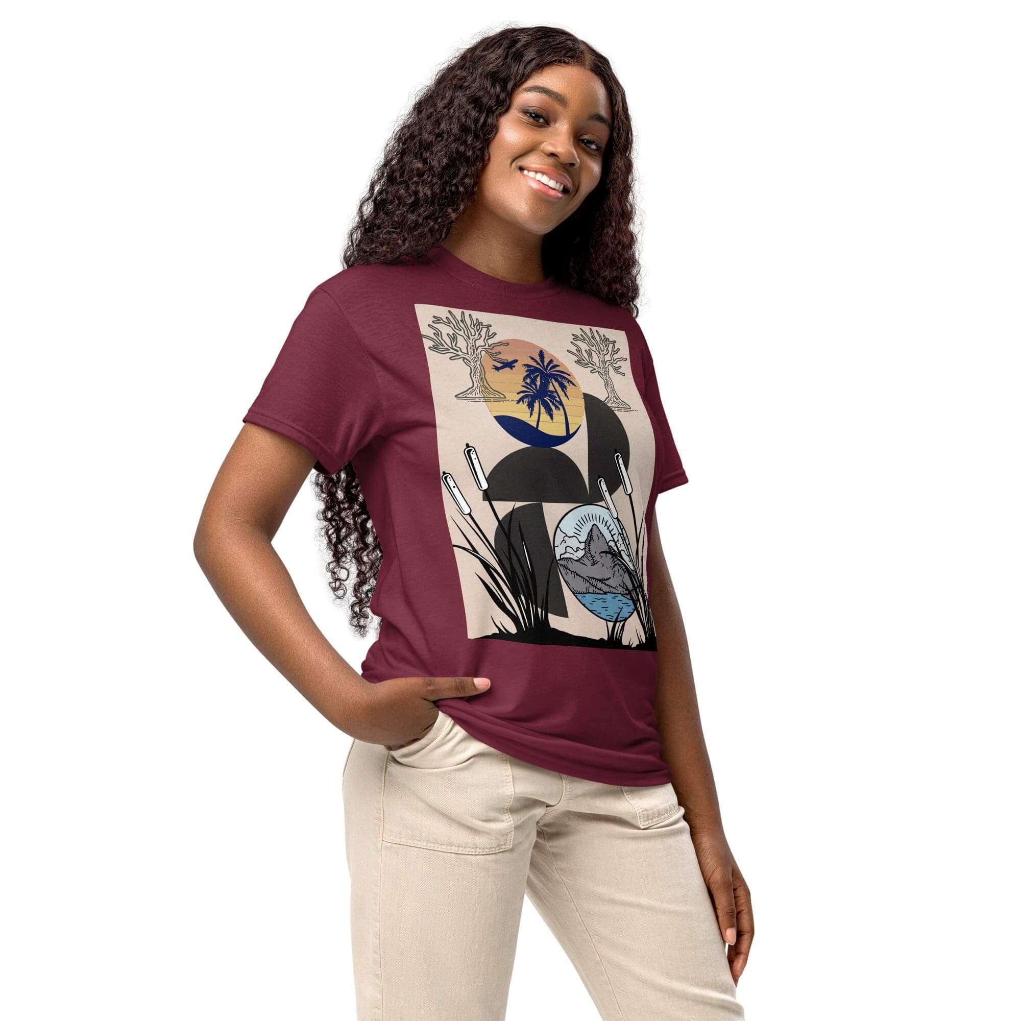 Woman in graphic t-shirt, smiling confidently.