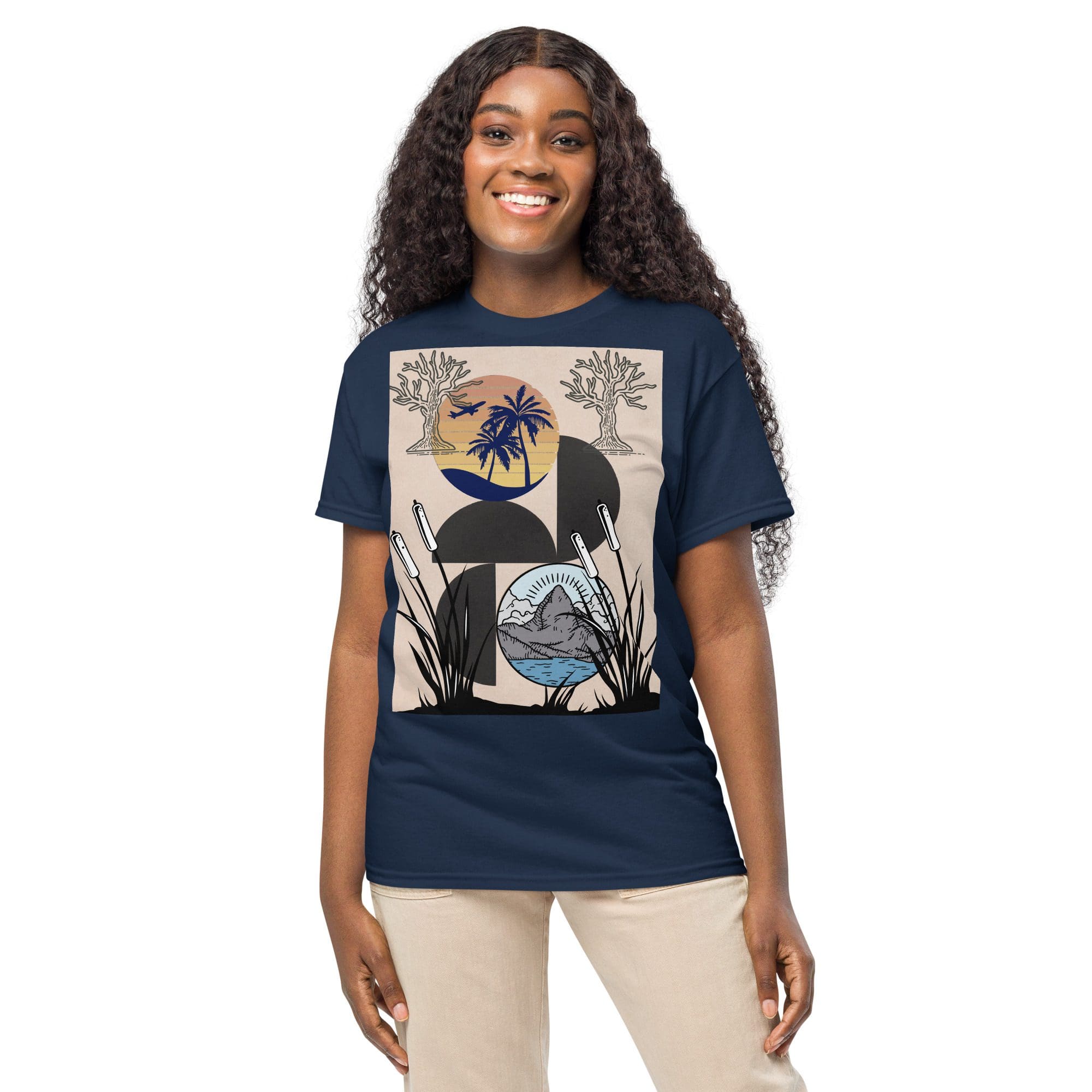Smiling woman wearing navy tropical graphic t-shirt