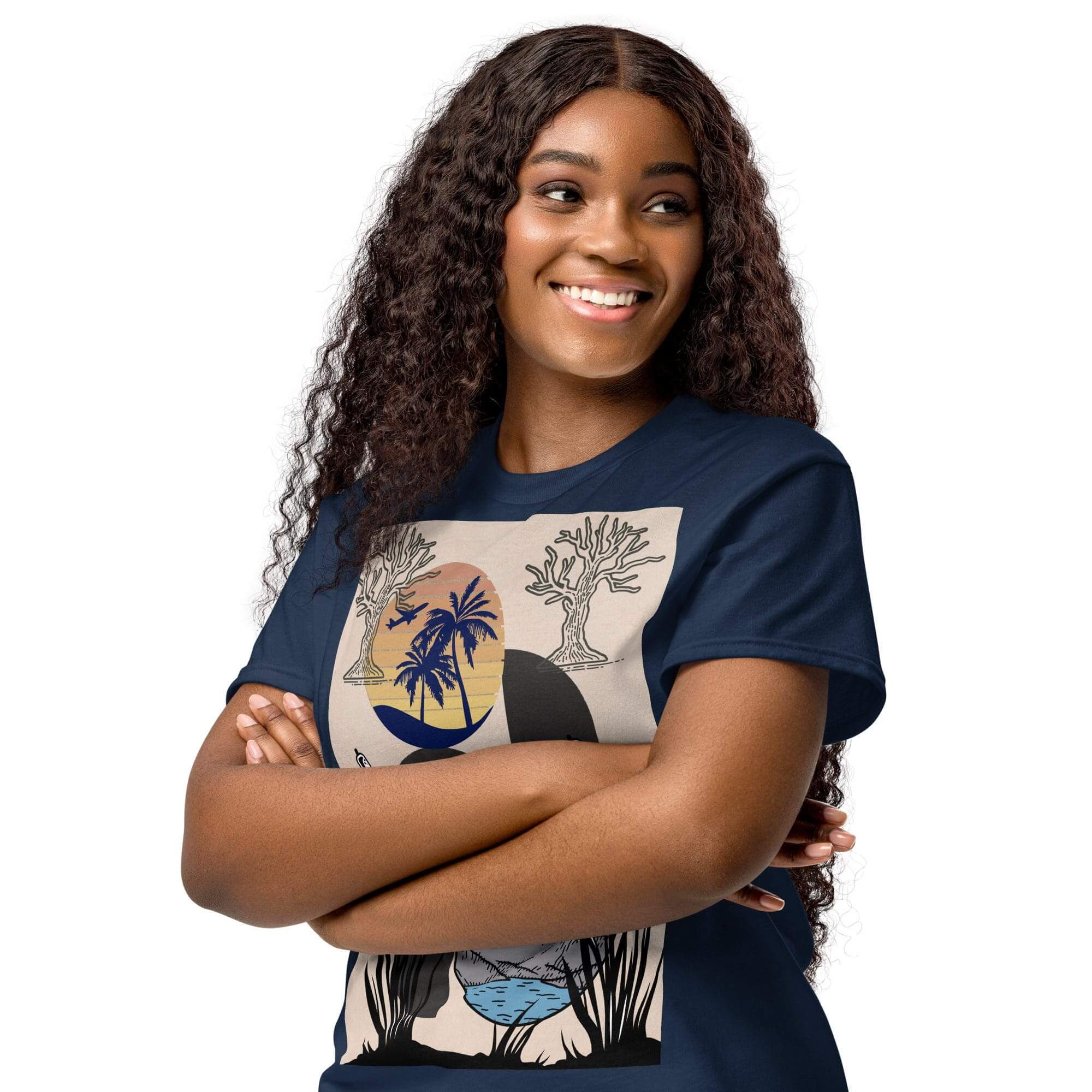 Smiling woman wearing navy palm graphic t-shirt