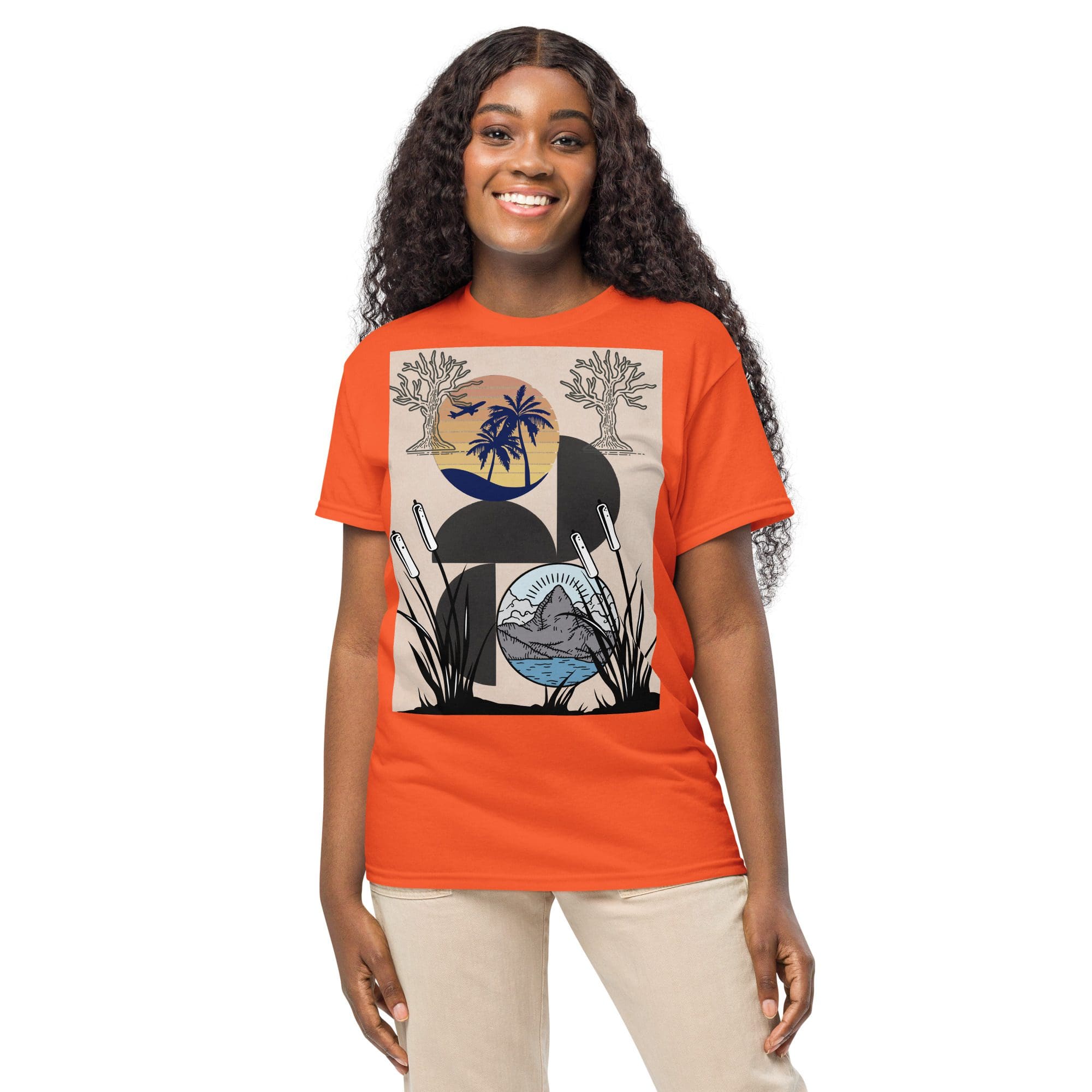 Smiling woman in orange t-shirt with tropical graphic