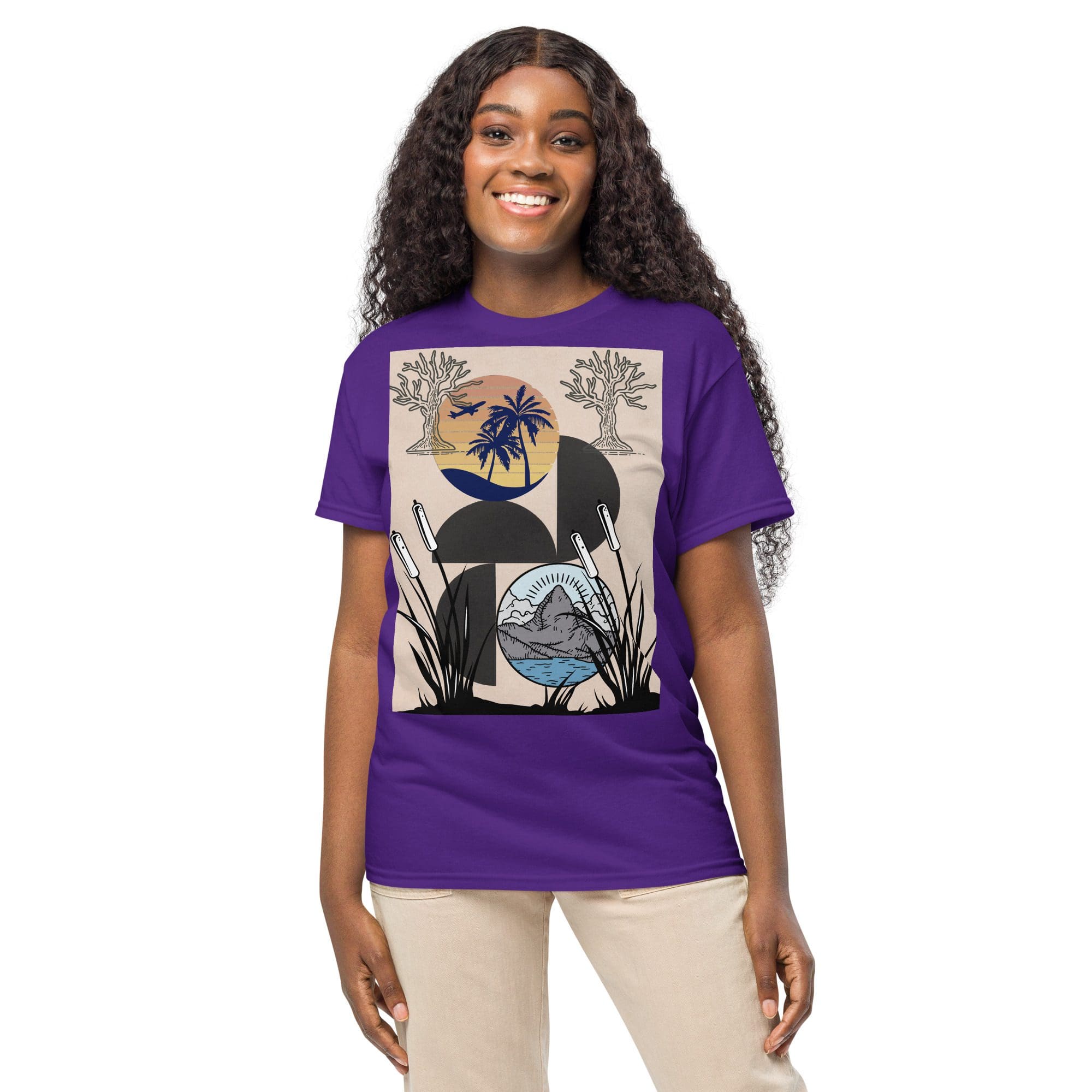 Smiling woman wearing purple tropical graphic t-shirt