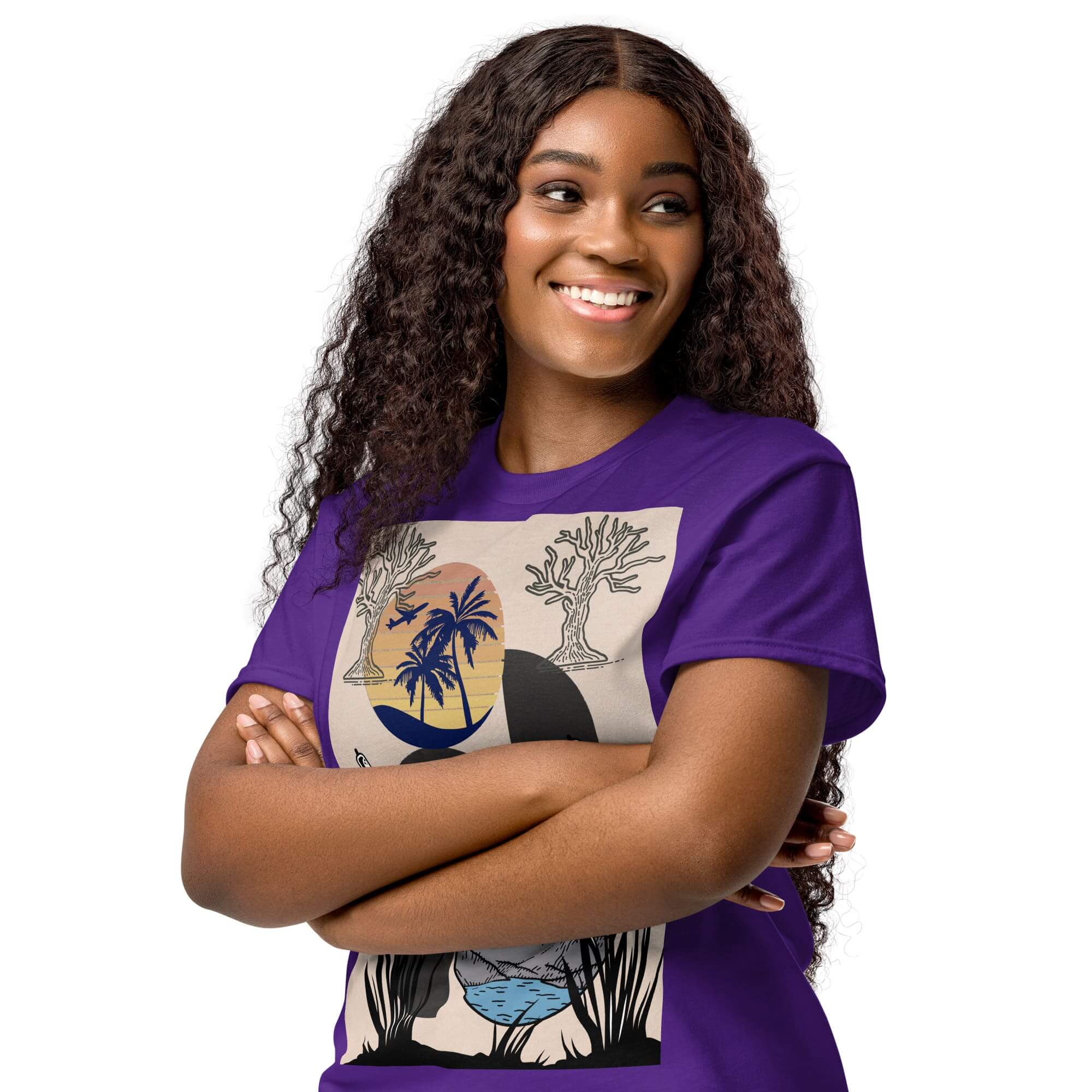 Smiling woman in purple graphic t-shirt.