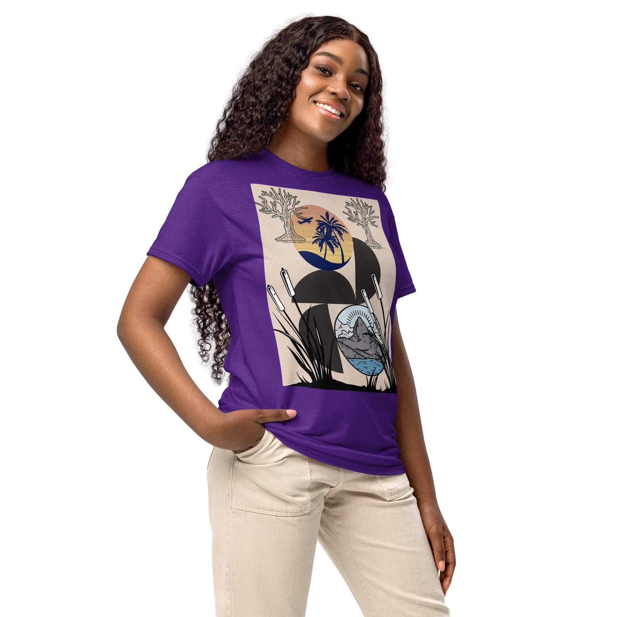 Smiling woman wearing purple tropical graphic t-shirt