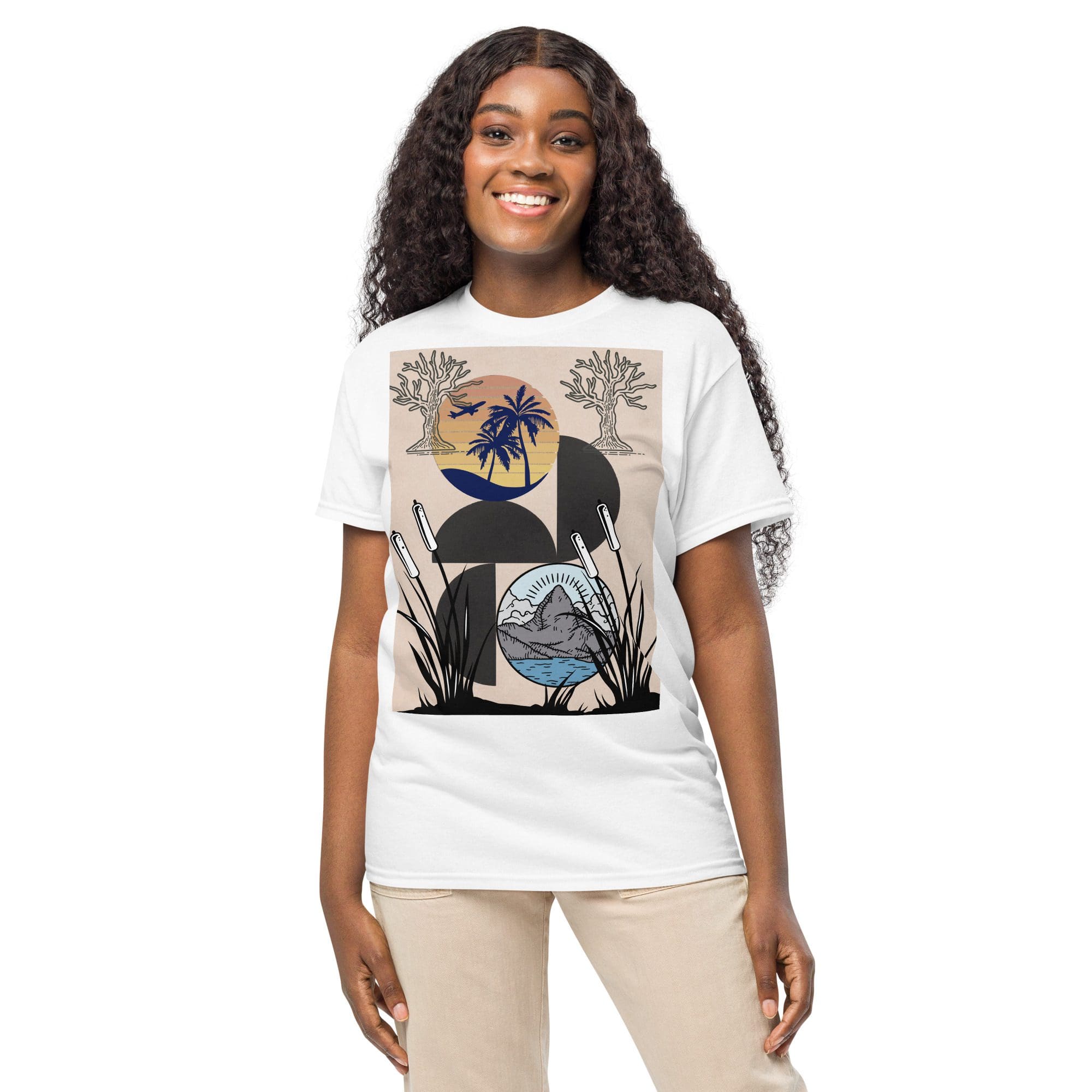 Smiling woman wearing graphic t-shirt.