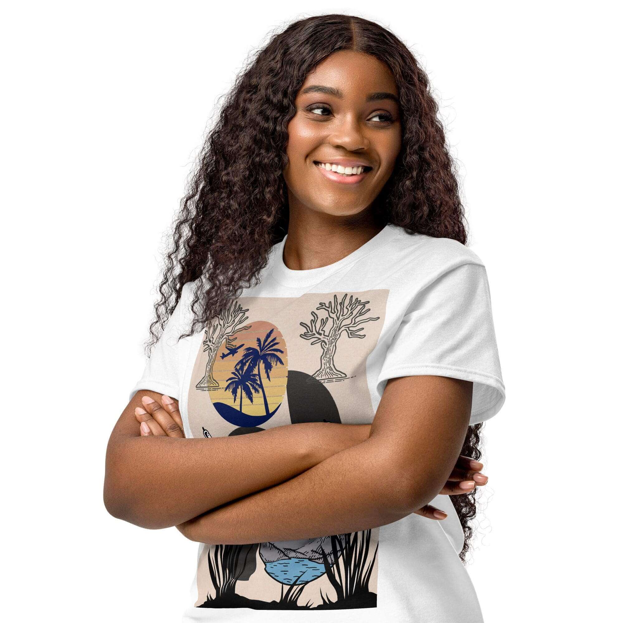 Smiling woman with curly hair wearing graphic tee