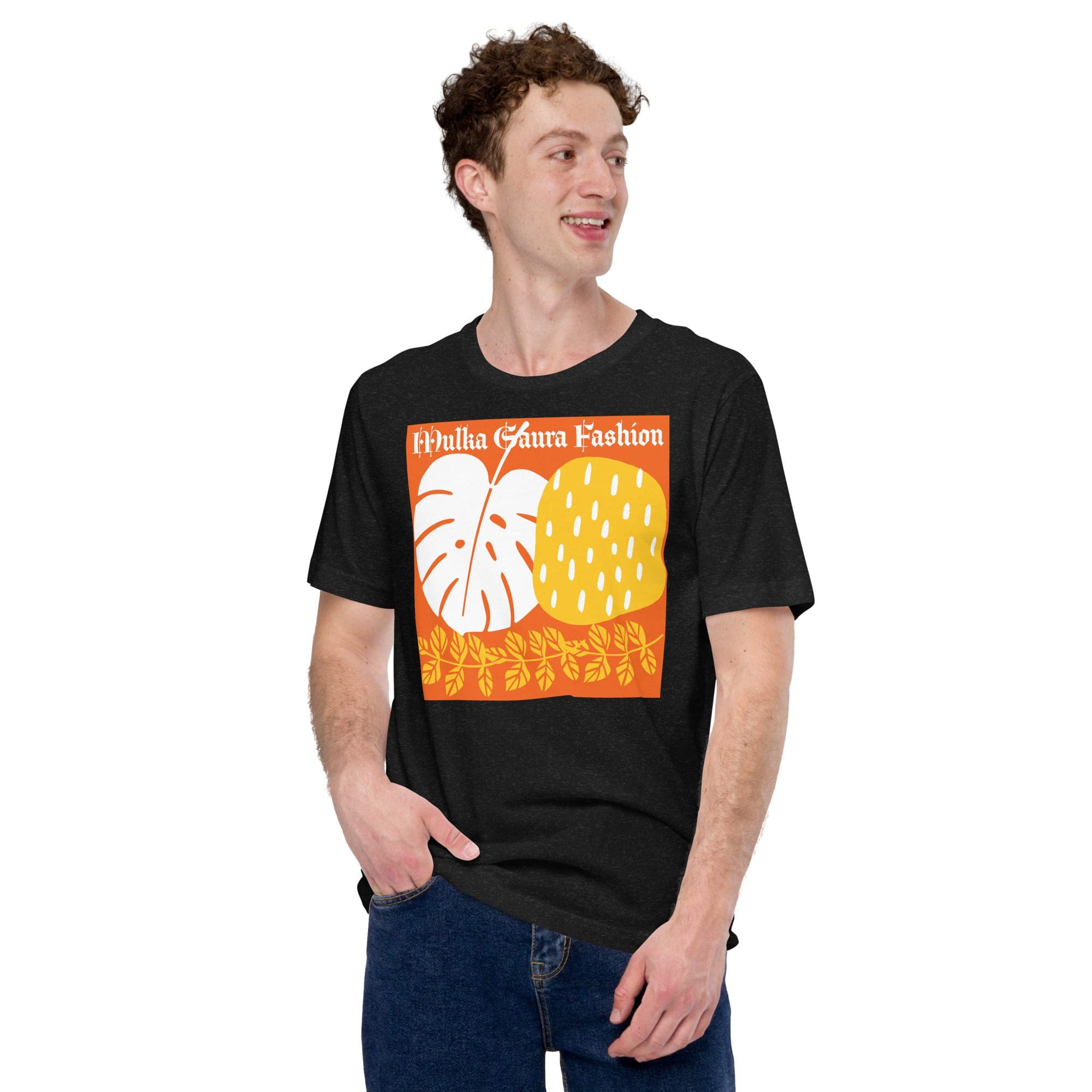 Man wearing tropical-themed graphic t-shirt.