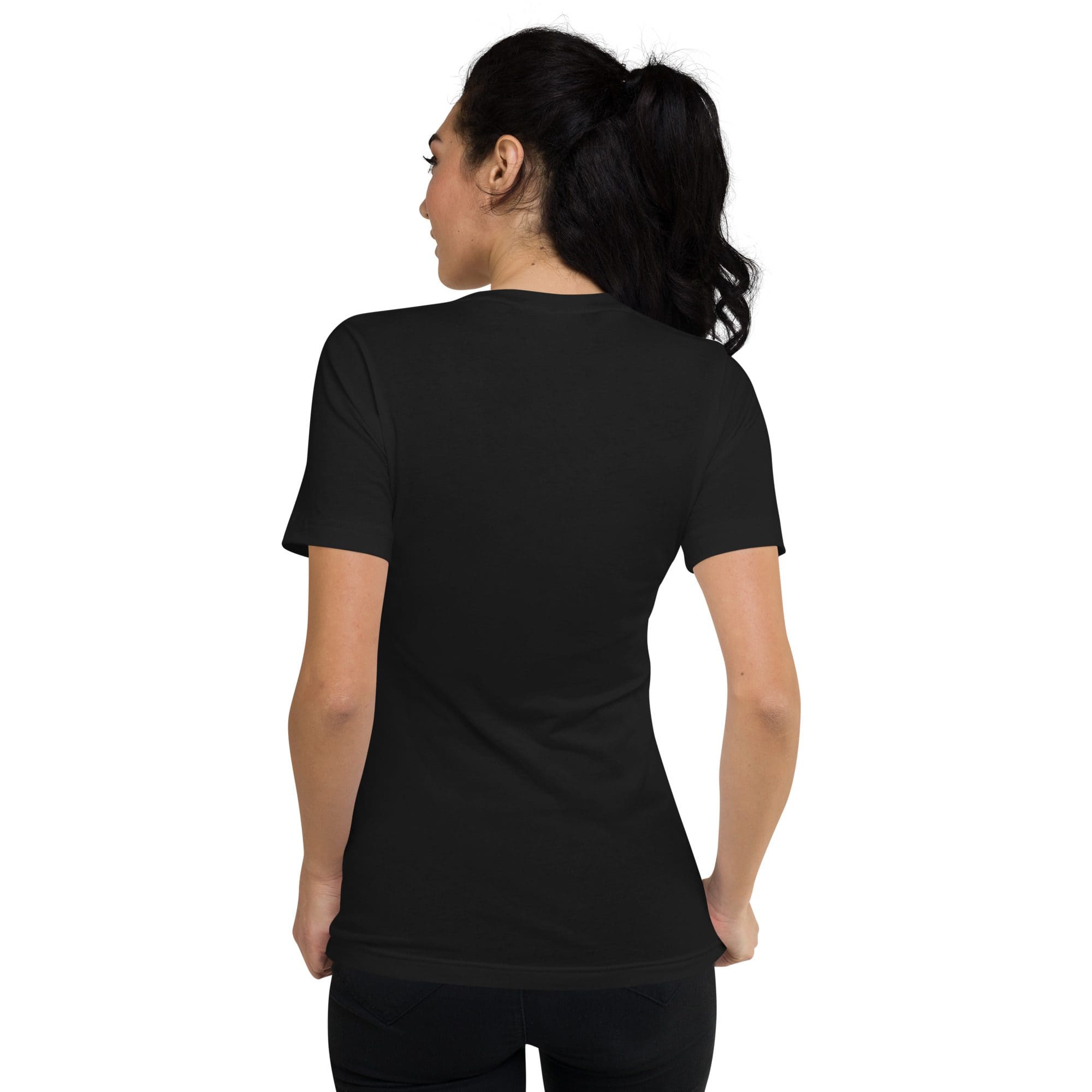 Woman wearing a black t-shirt, back view.