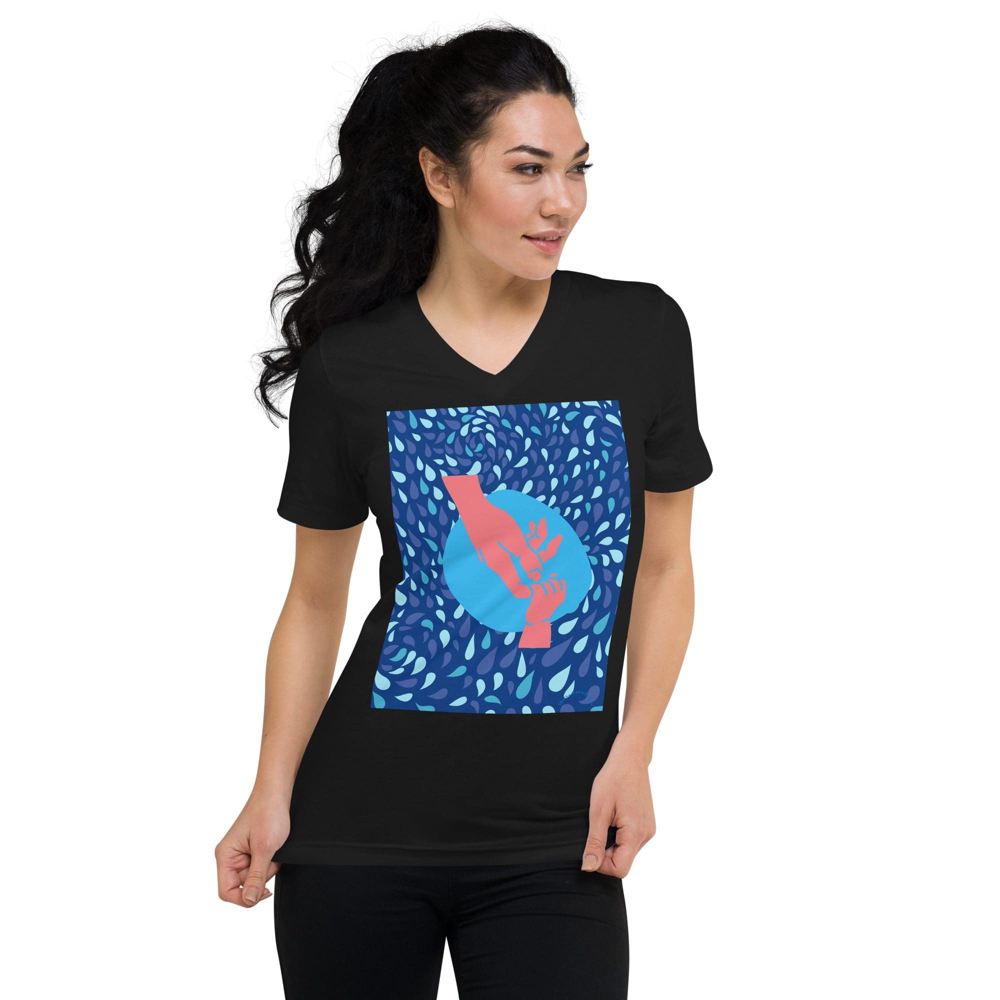 Woman wearing artistic graphic tee shirt.