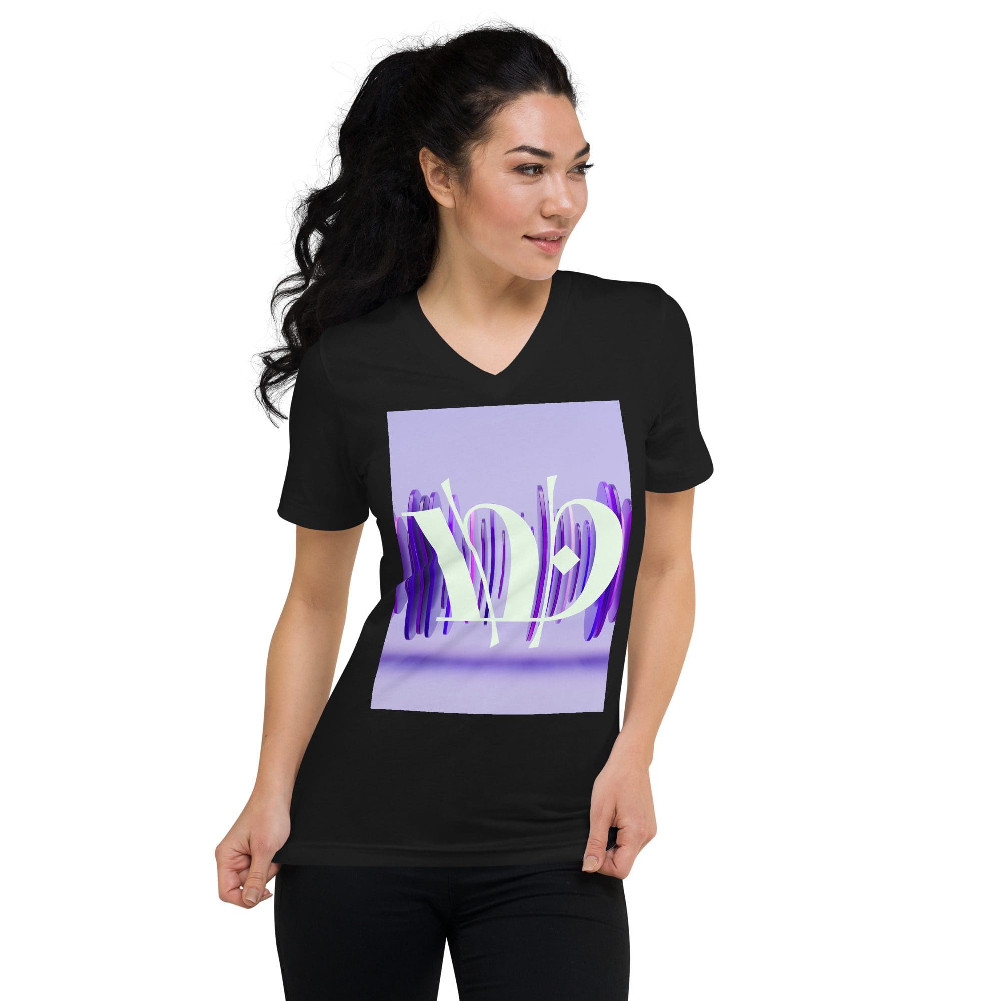 Woman wearing black shirt with abstract design.