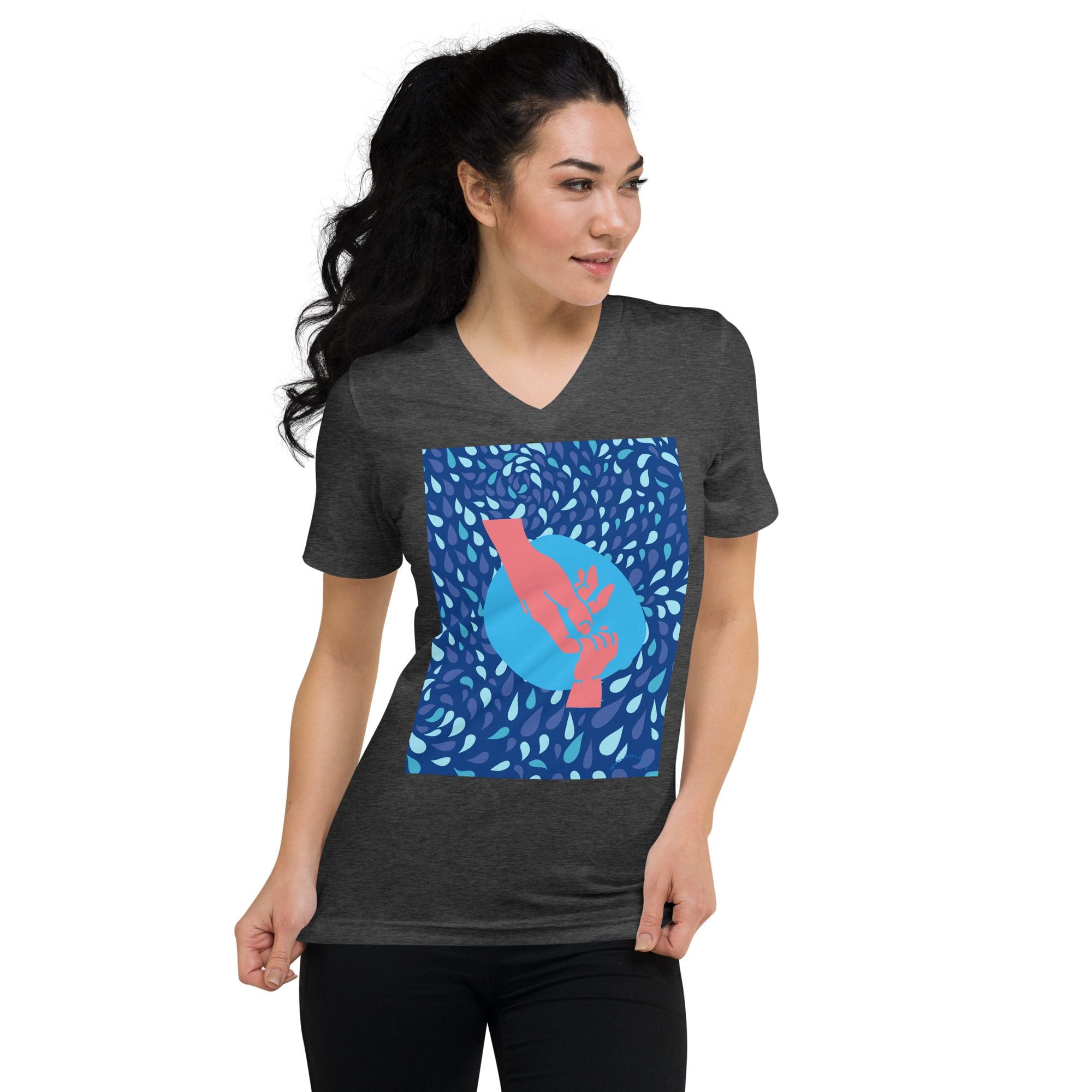 Woman in charcoal V-neck tee with cat print
