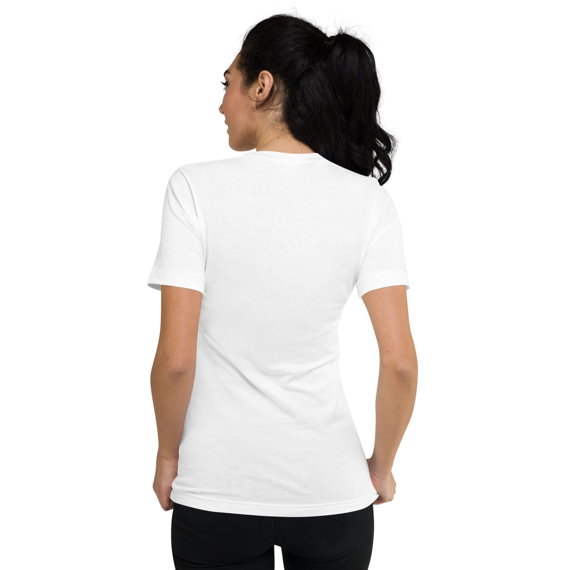 Woman in white t-shirt, back view.