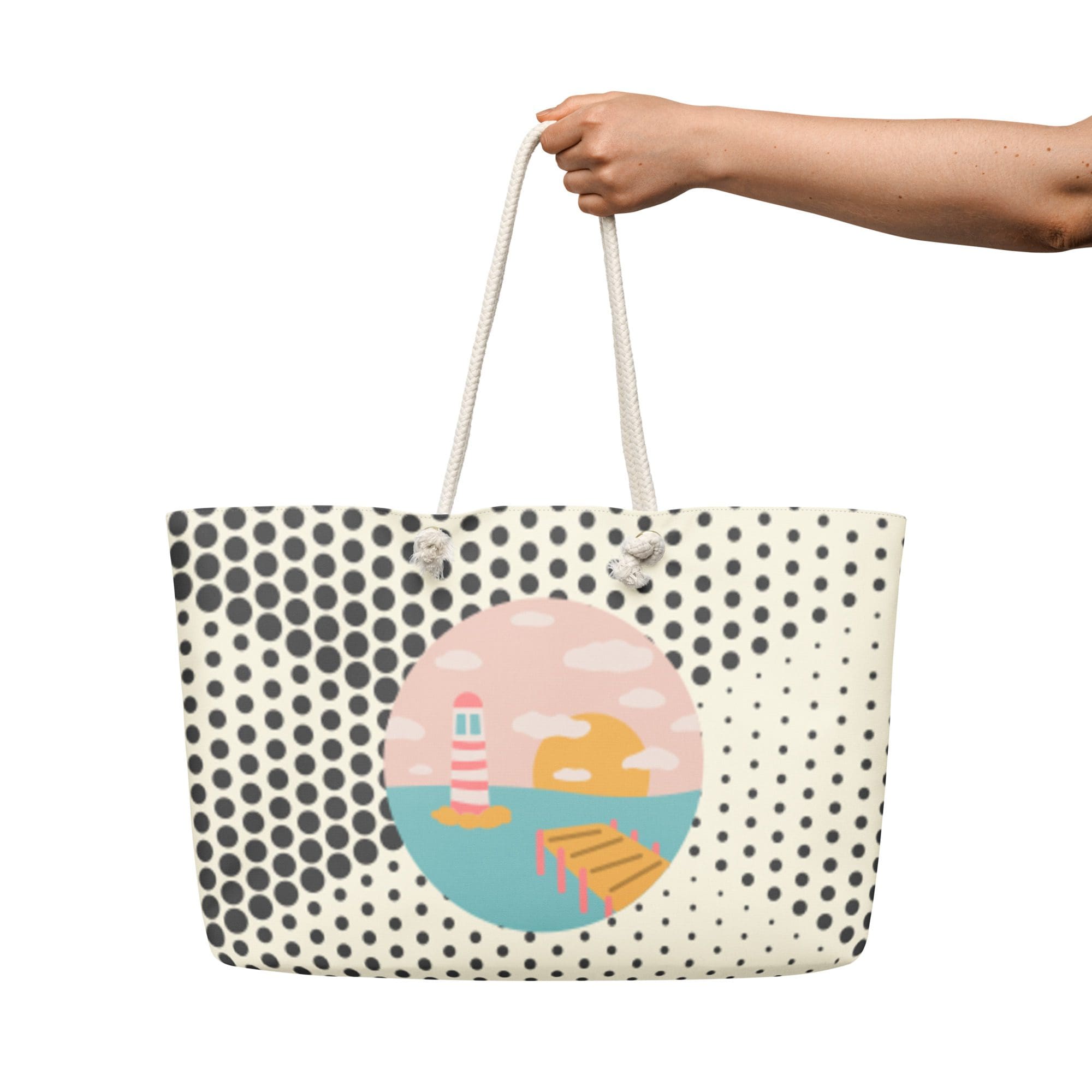 Polka dot bag with beach scene design.