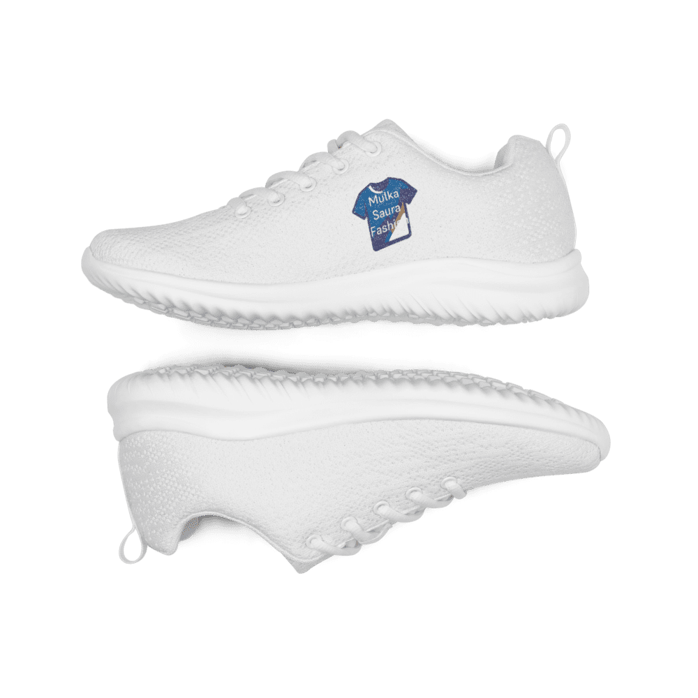 White sneakers with blue logo design.