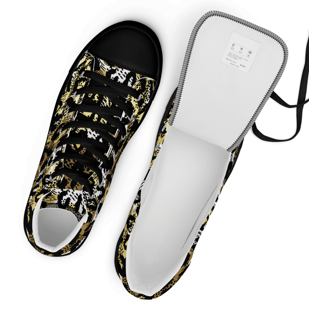 Black and gold patterned sneakers, top view.
