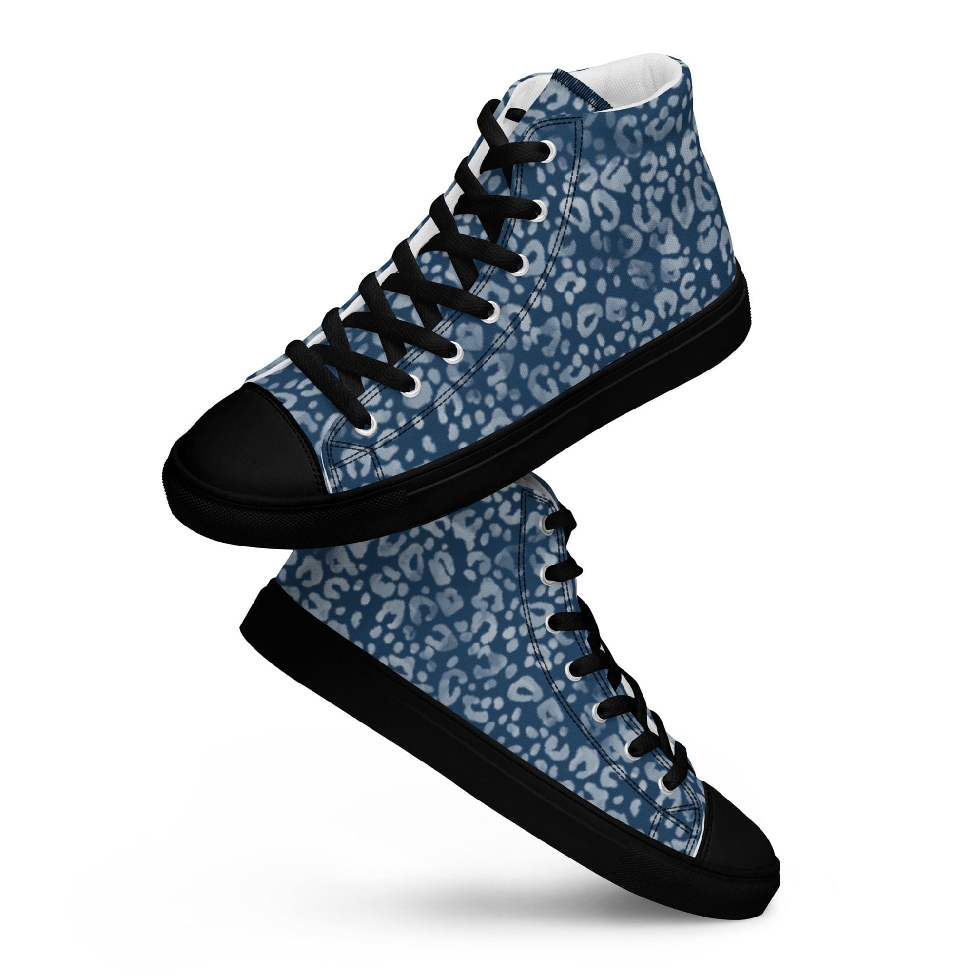 Blue patterned high-top sneakers on display.