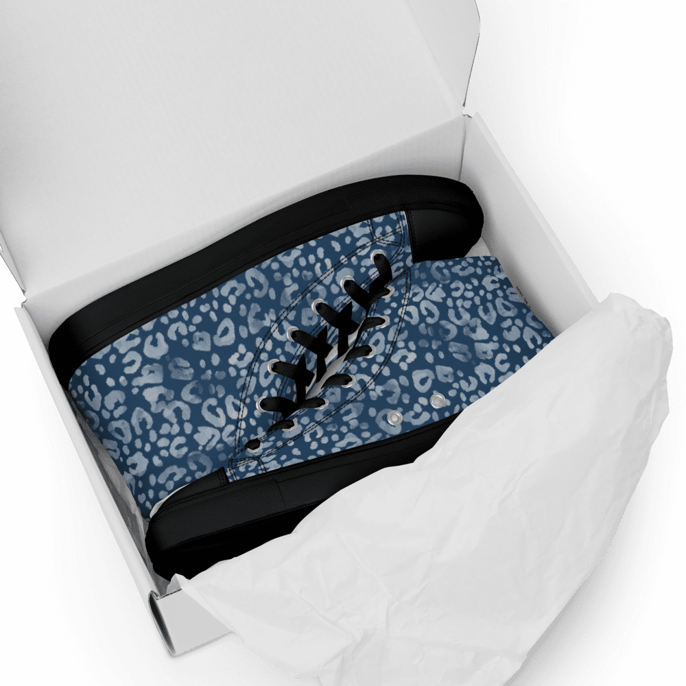 Blue leopard print shoes in box.