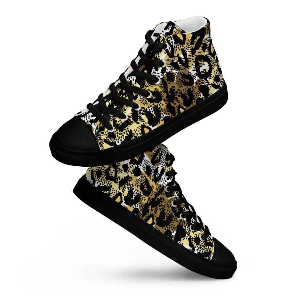 Leopard print high-top sneakers on black background.